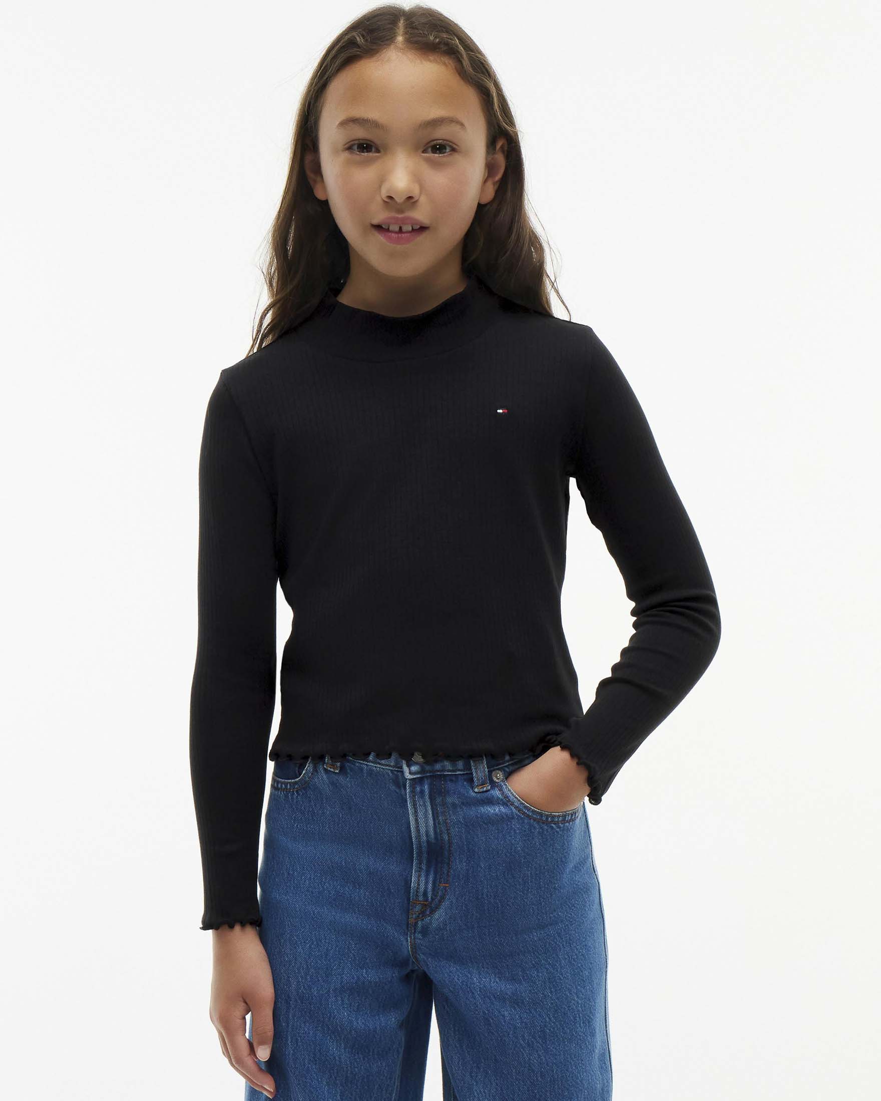 T-shirt lupetto nera Tommy Hilfiger a maniche lunghe in misto cotone a costine