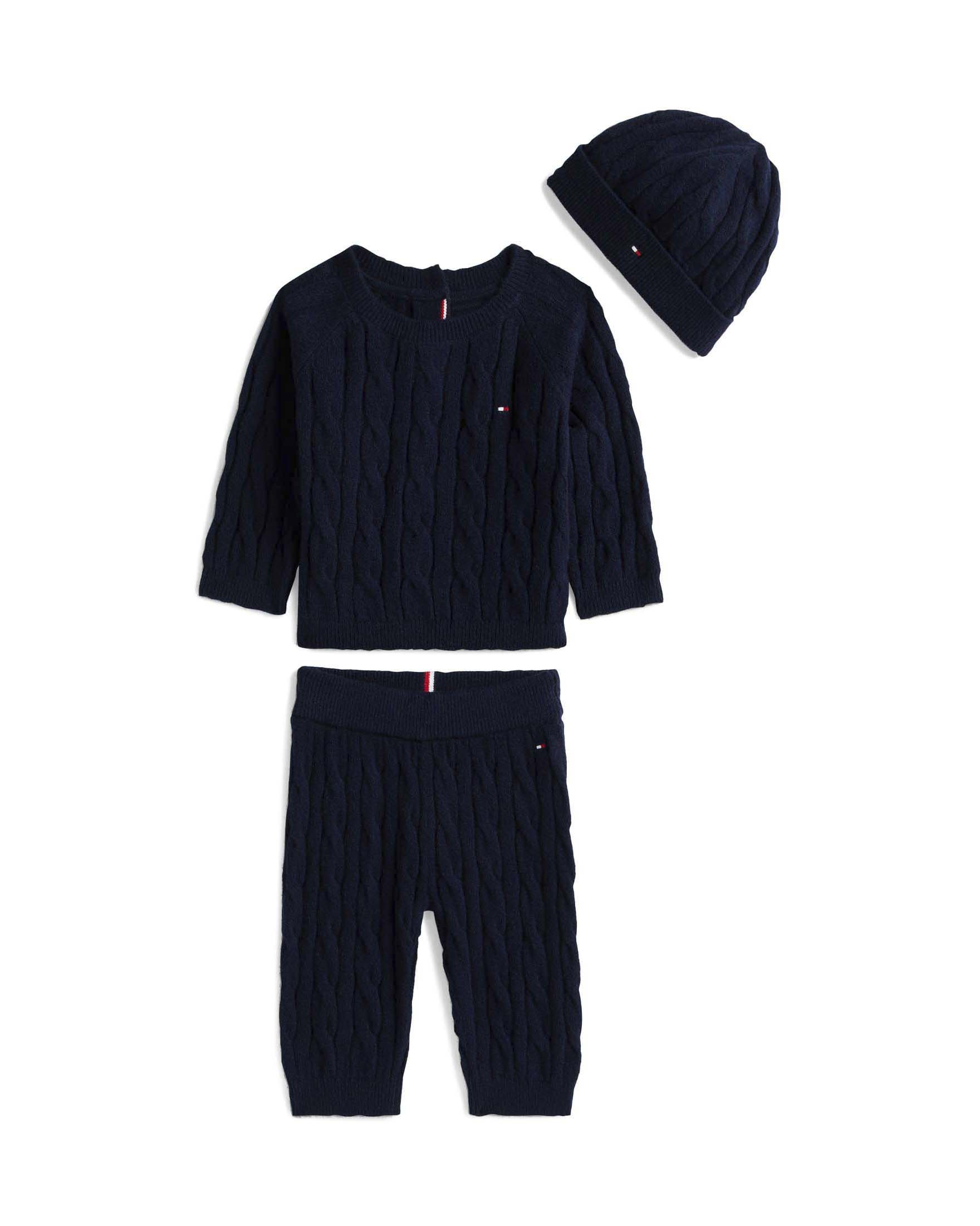 Completo Tommy Hilfiger blu in maglia di cotone a trecce con berretto