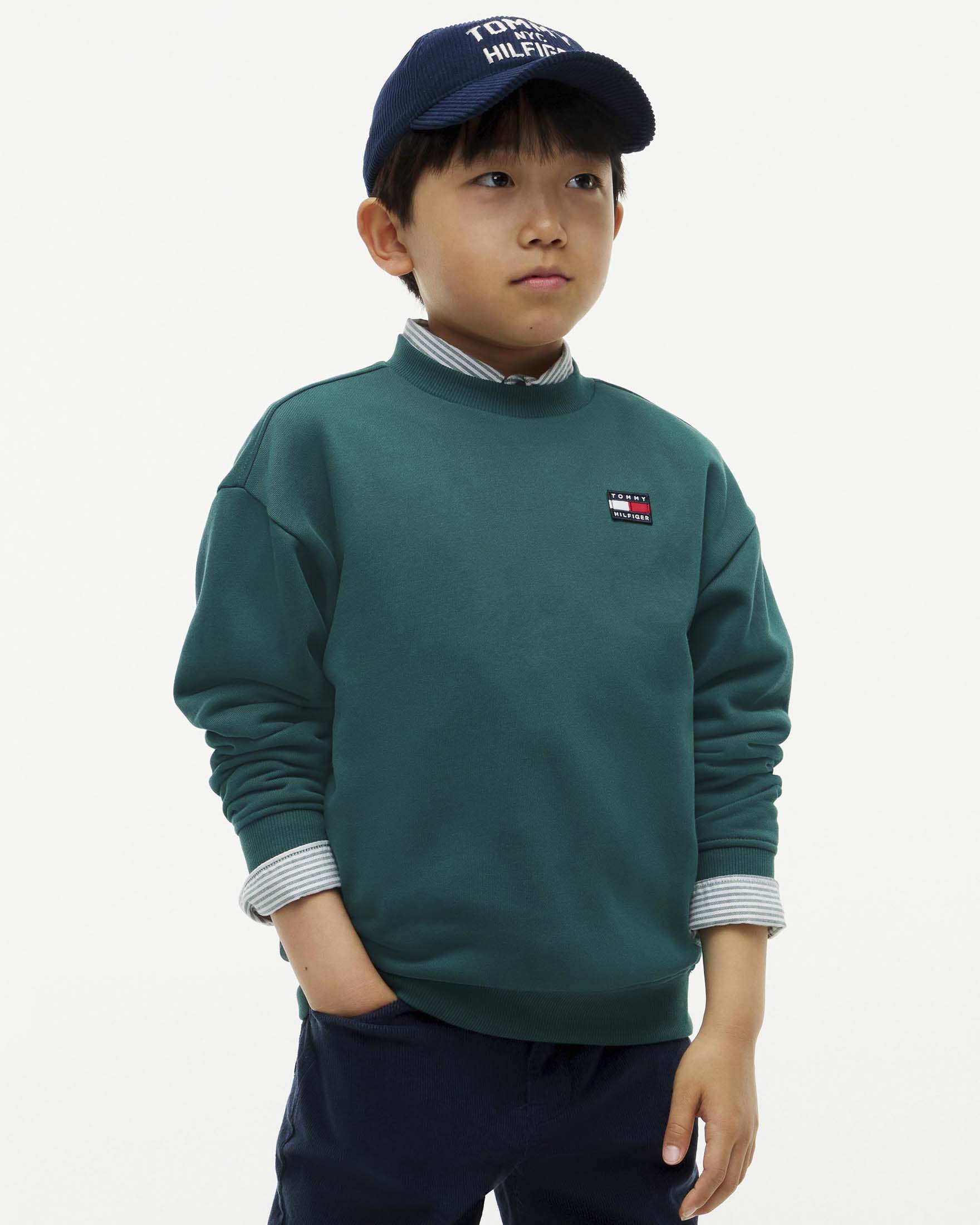 Felpa verde Tommy Hilfiger in puro cotone con mini bandiera logo