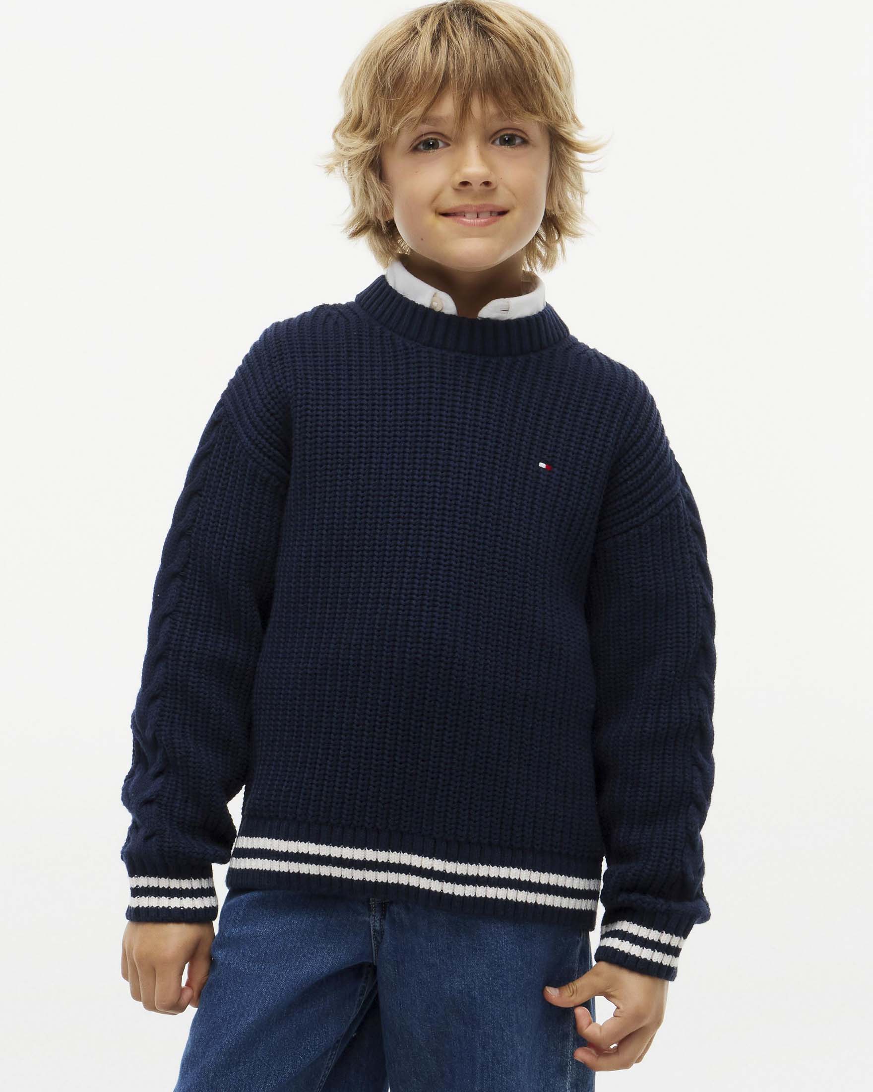 Maglione blu Tommy Hilfiger in misto cotone tricot intrecciato