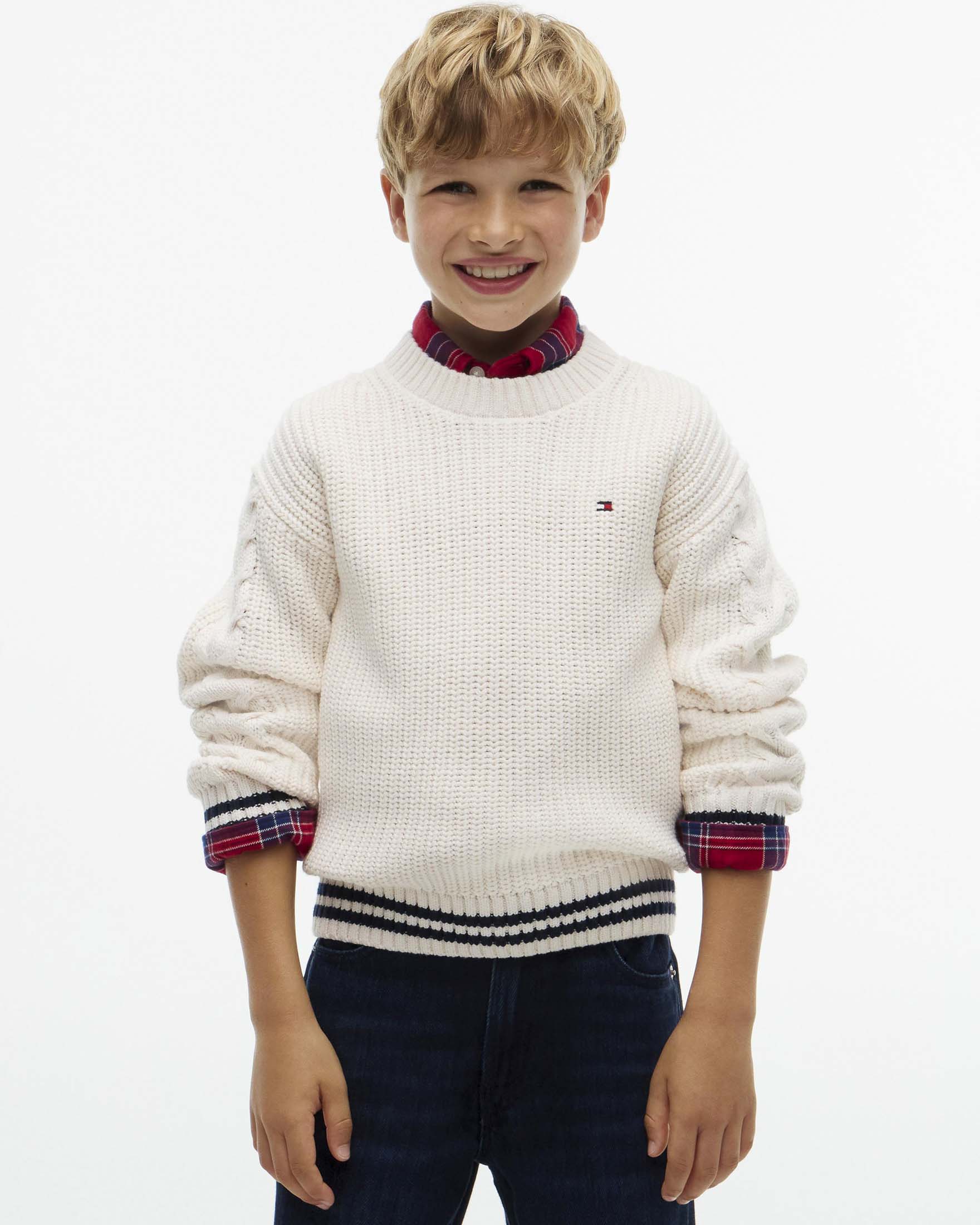 Maglione avorio Tommy Hilfiger in misto cotone tricot intrecciato