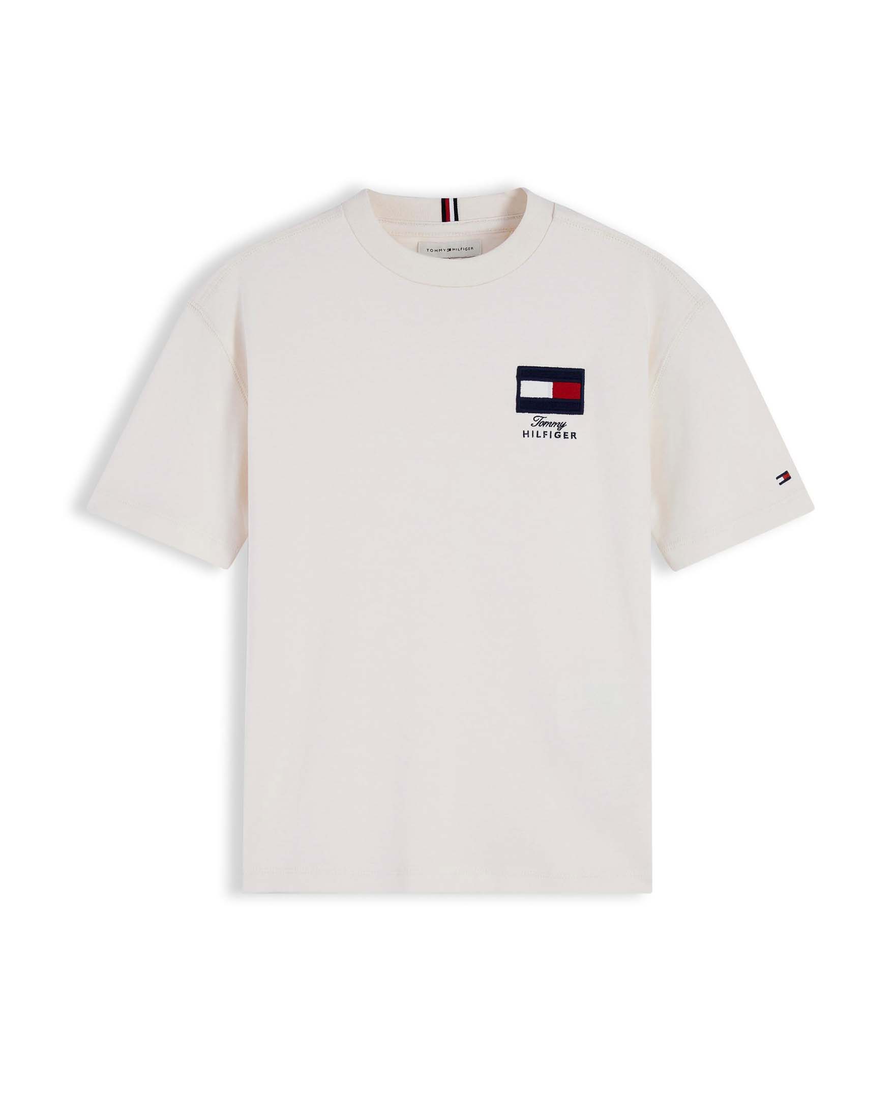 T-shirt color panna Tommy Hilfiger in puro cotone con bandiera logo ricamata