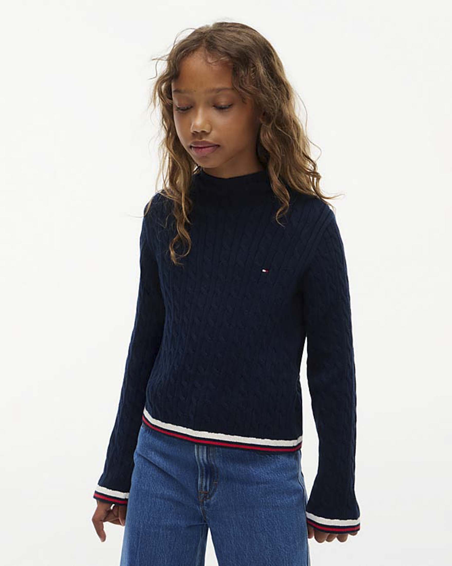 Maglioncino lupetto blu Tommy Hilfiger in cotone a trecce con bandiera logo icon