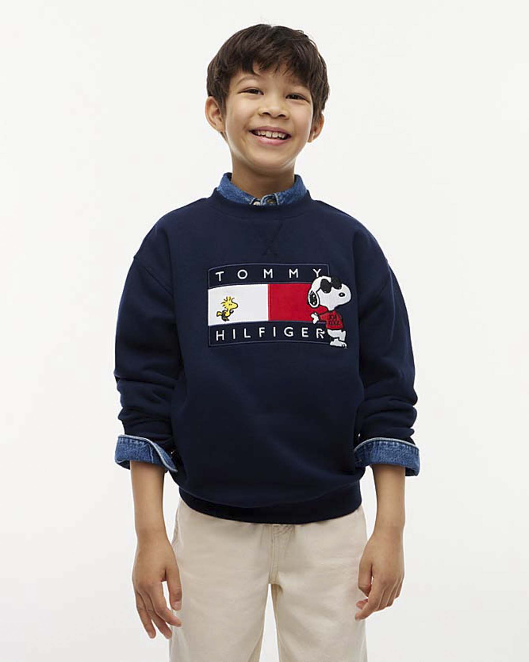 Felpa blu Tommy Hilfiger X Peanuts in puro cotone con maxi logo con personaggi