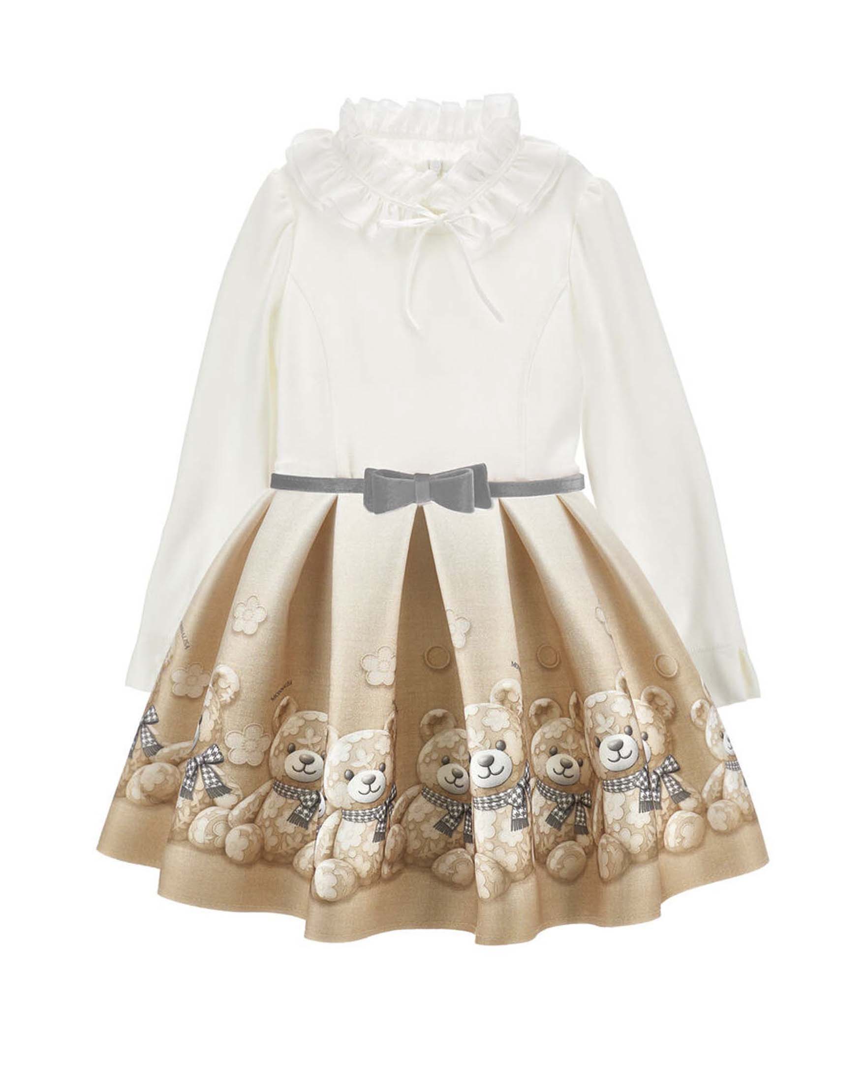 Abito avorio Monnalisa in neoprene con orsetti e rouches