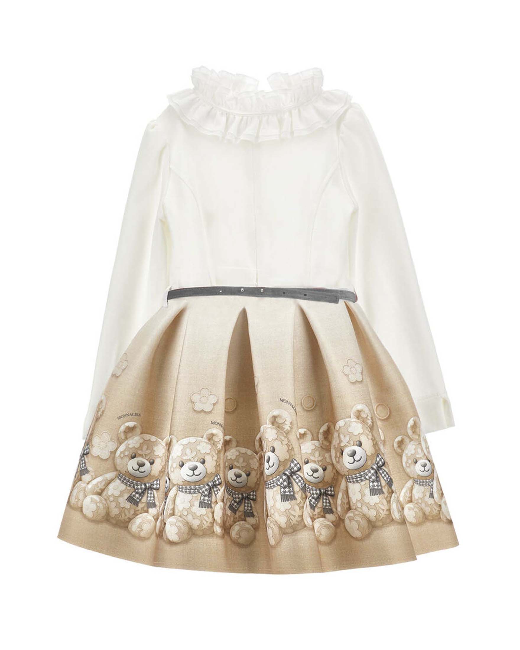 Abito avorio Monnalisa in neoprene con orsetti e rouches