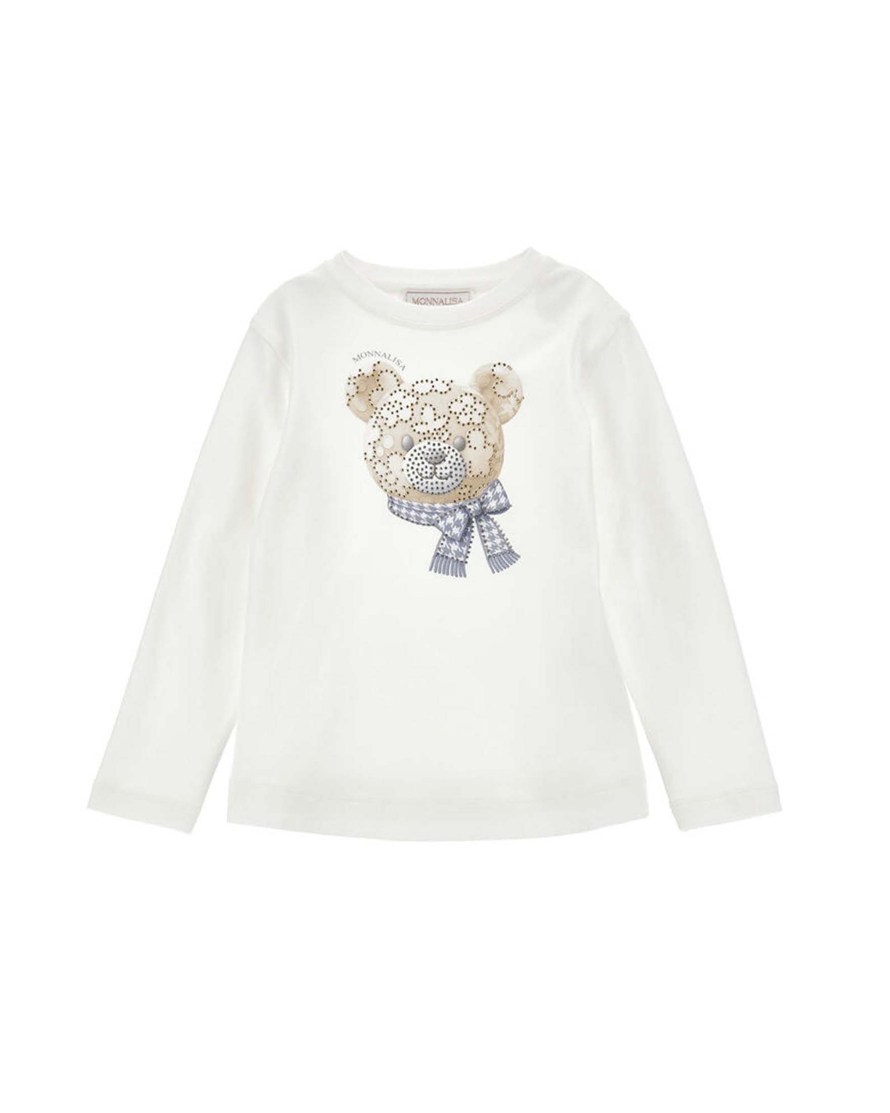 T-shirt bianca Monnalisa in misto cotone stretch a maniche lunghe con orsetto