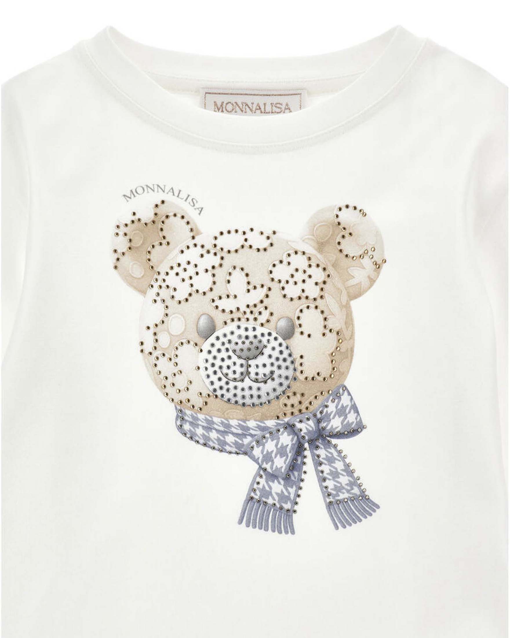 T-shirt bianca Monnalisa in misto cotone stretch a maniche lunghe con orsetto