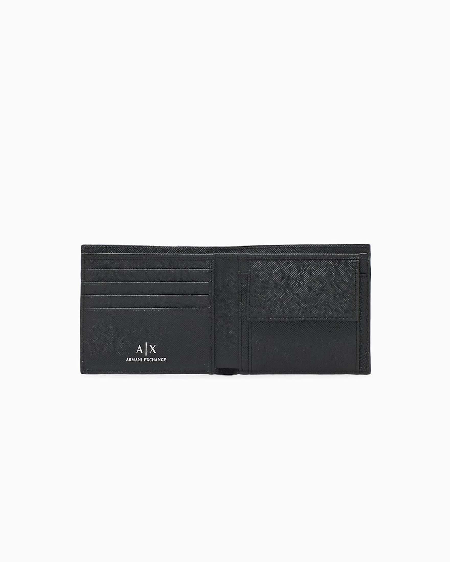 Portafoglio Armani Exchange nero in pelle saffiano con logo metallico image