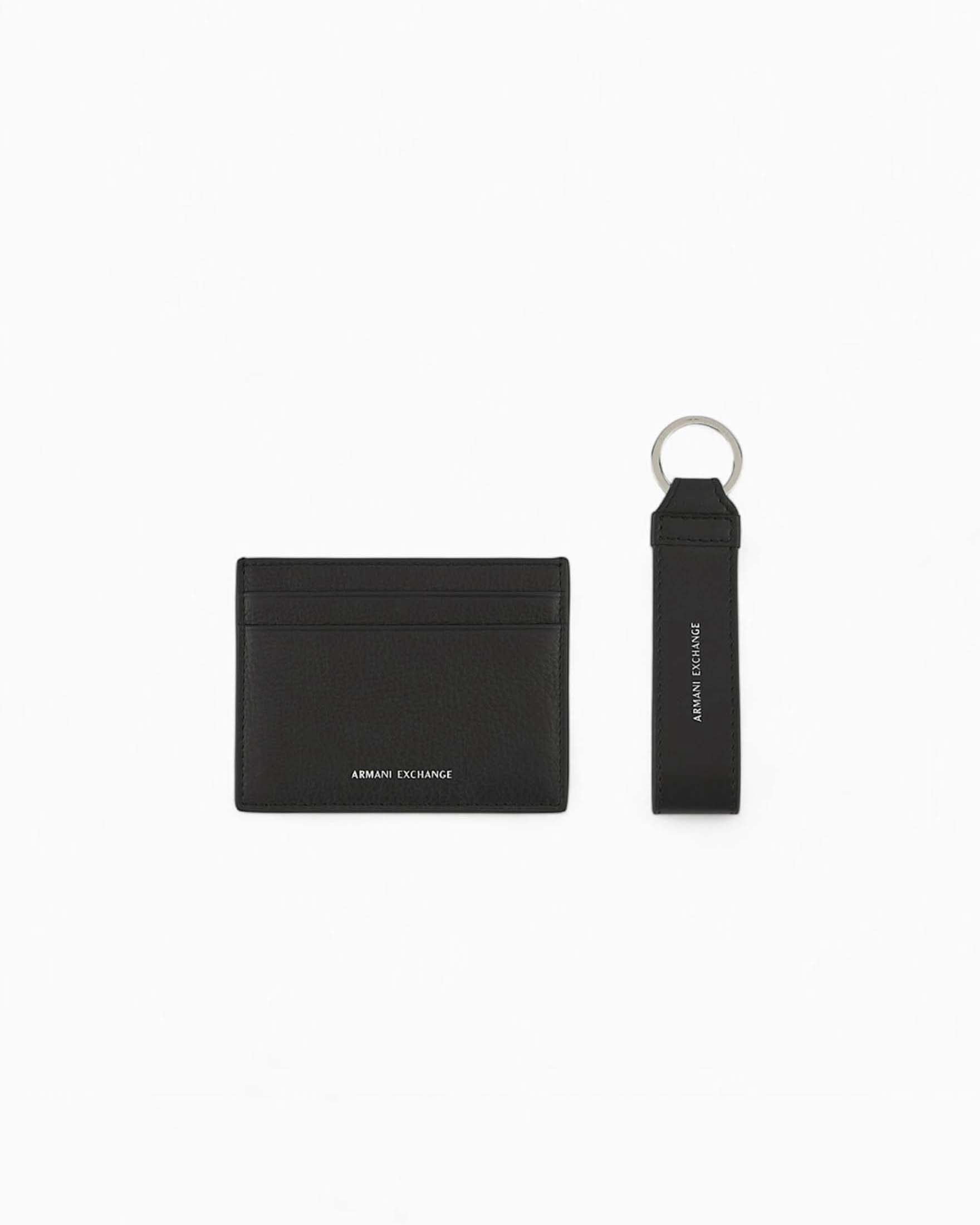 Set portacarte e portachiavi Armani Exchange nero in pelle con logo