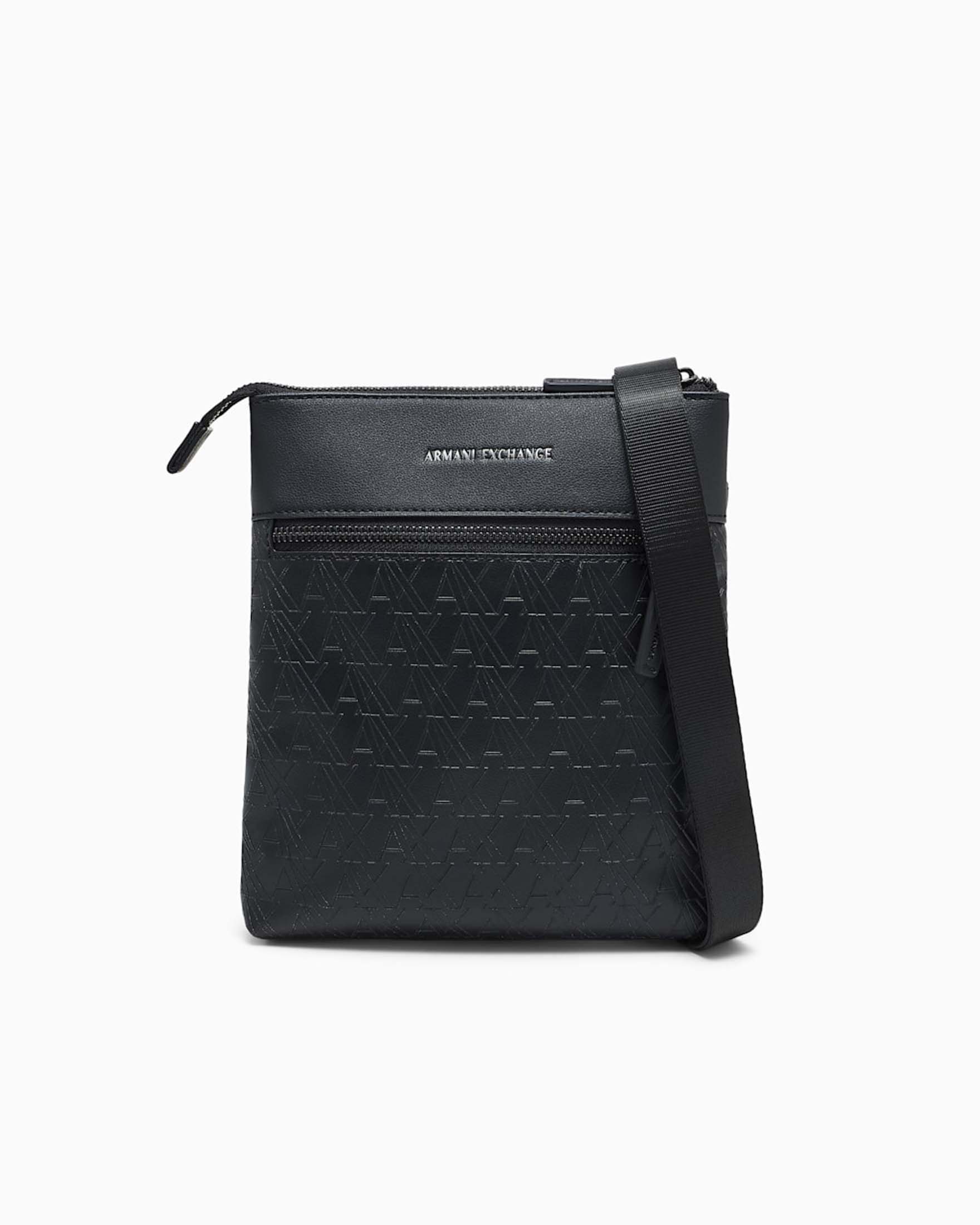 Borsa a tracolla Armani Exchange nera in similpelle con monogramma in rilievo
