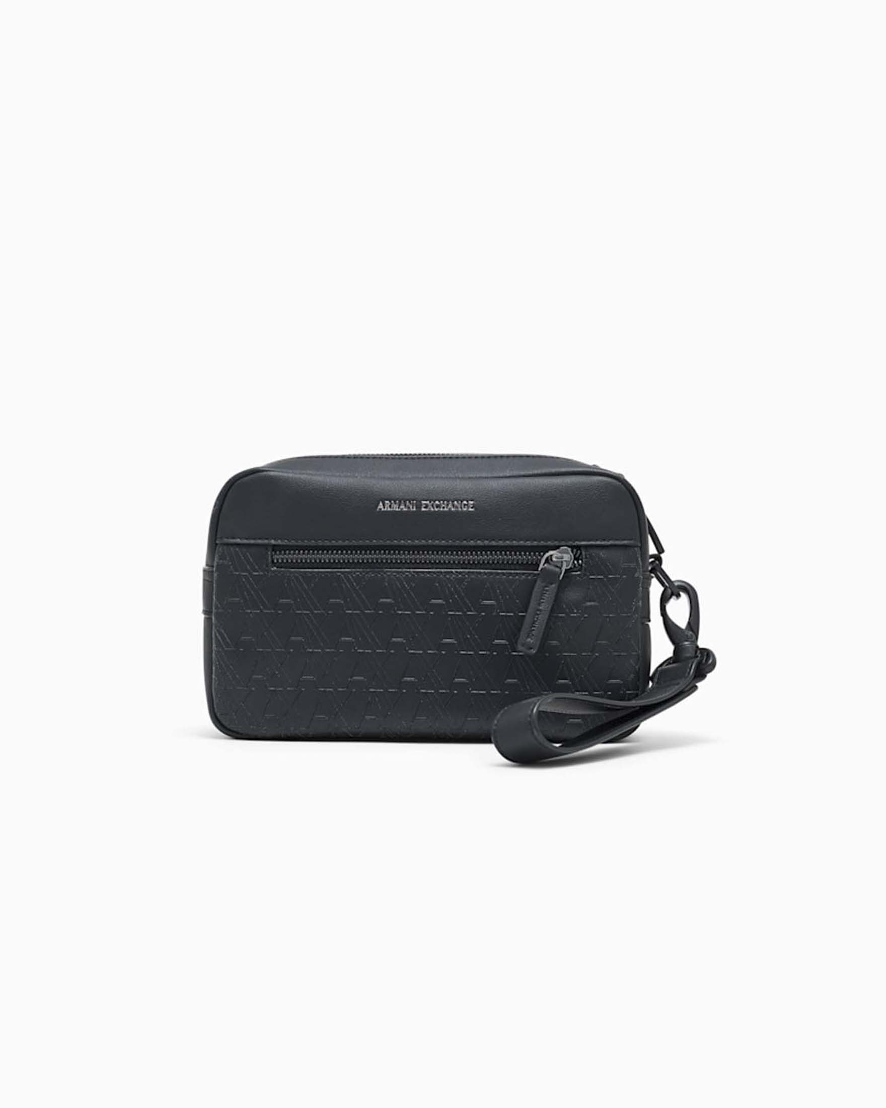 Beauty case Armani Exchange nero in similpelle con monogramma in rilievo