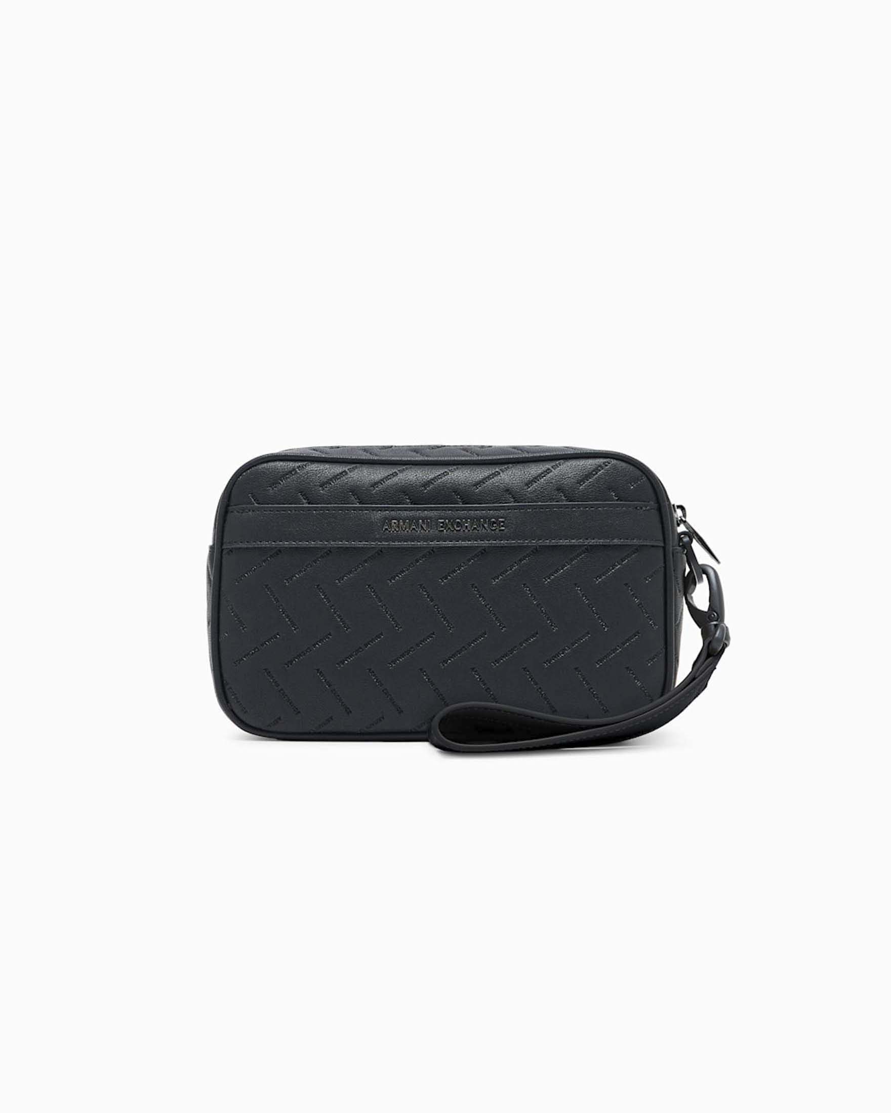 Pochette Armani Exchange nera in similpelle con laccetto e logo piccolo impresso all over