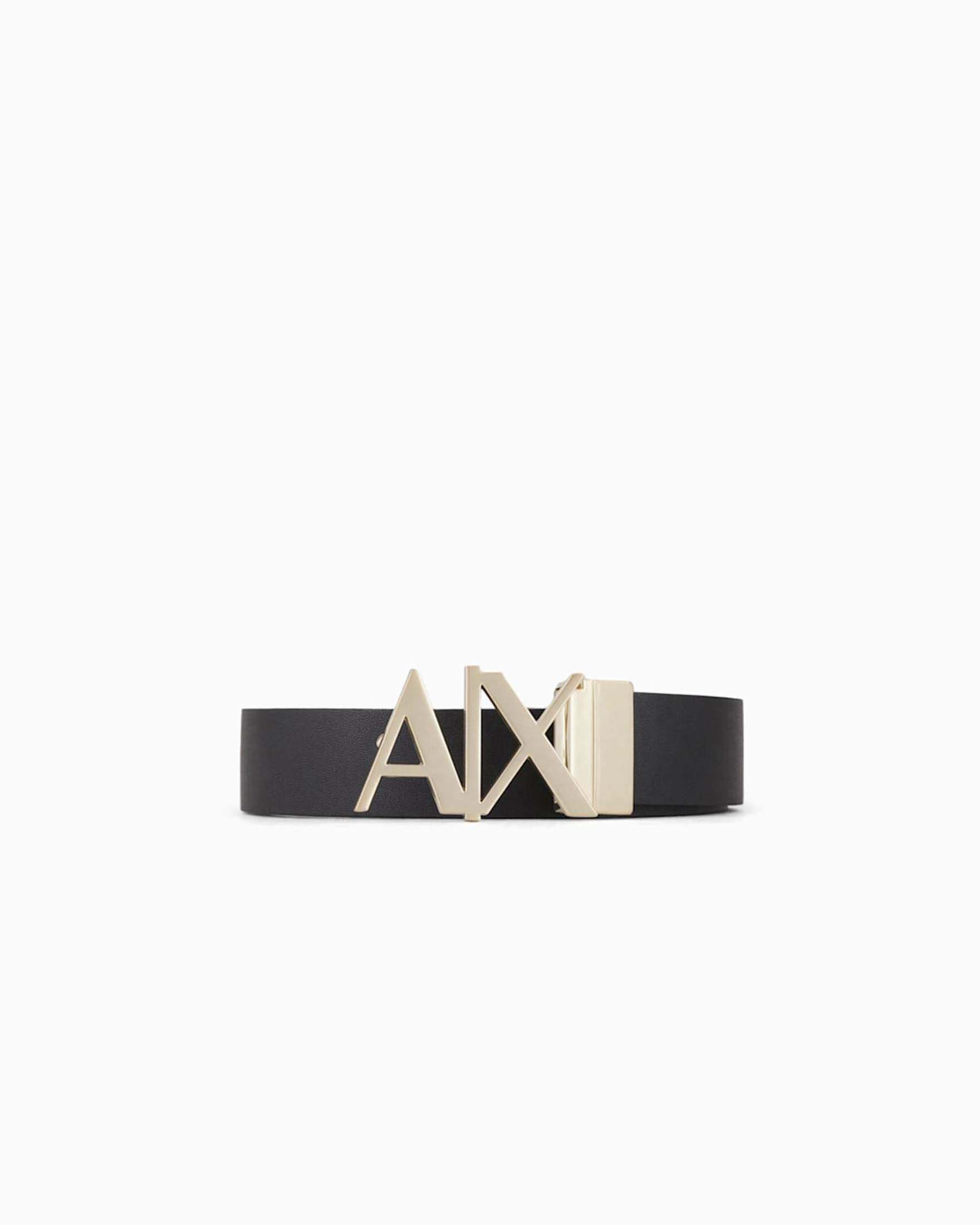 Cintura Armani Exchange blu reversibile in pelle nera con fibbia logo oro