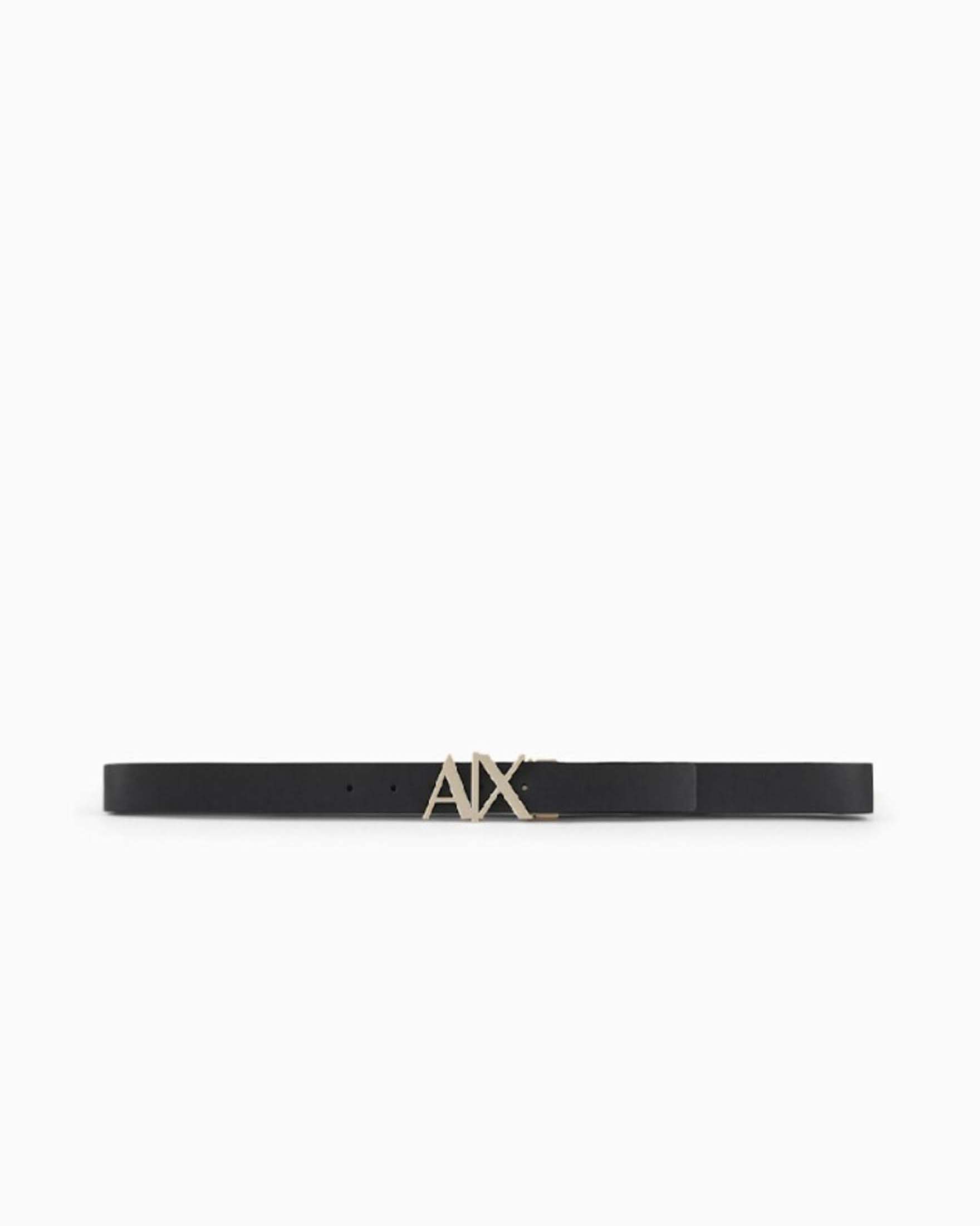 Cintura Armani Exchange blu reversibile in pelle nera con fibbia logo oro image