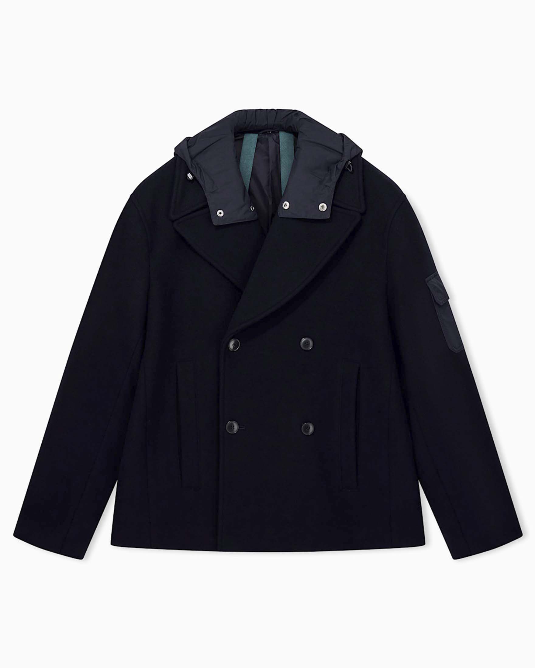 Caban doppiopetto Armani Exchange blu in misto lana con cappuccio staccabile