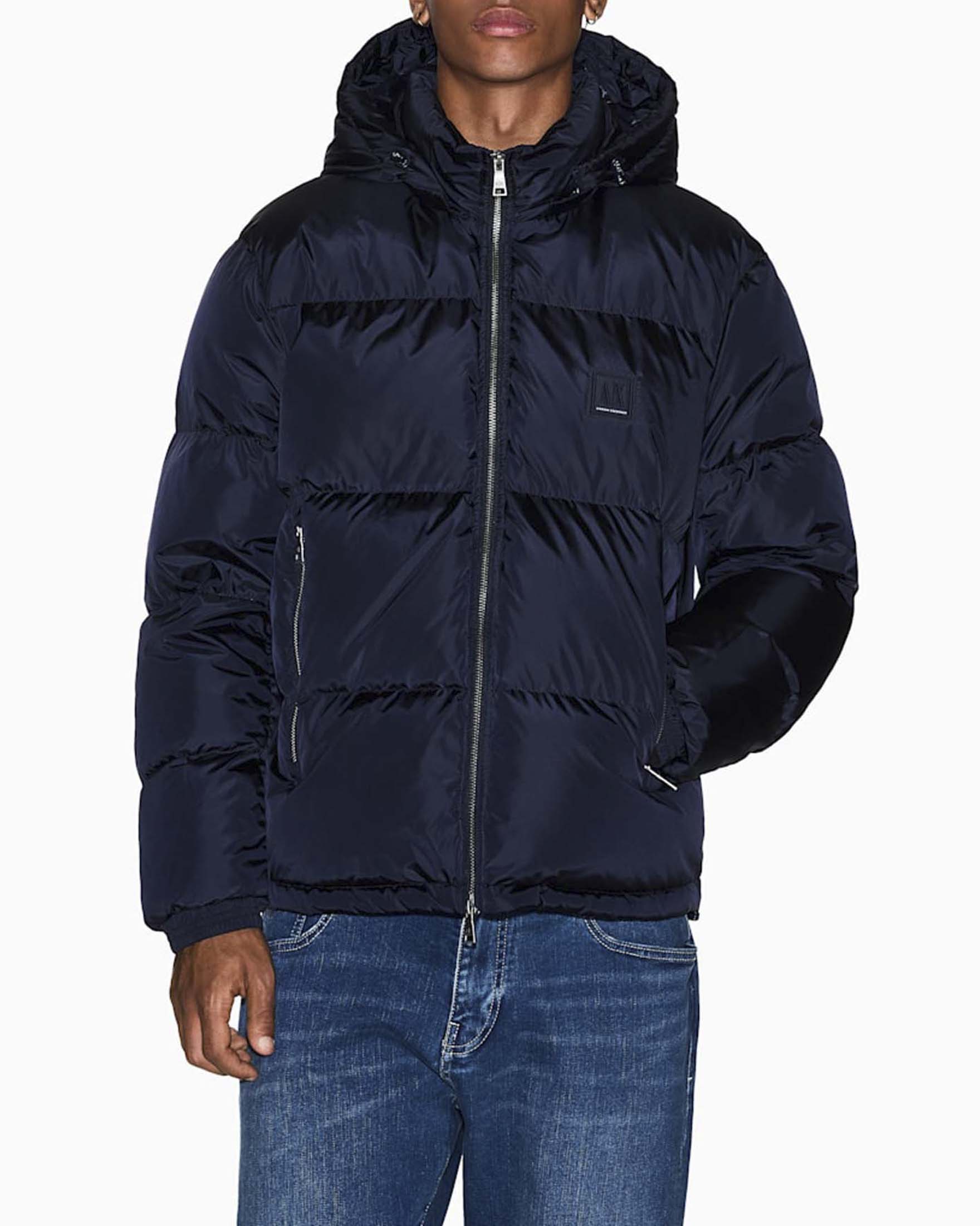 Piumino Armani Exchange blu navy con cappuccio staccabile e patch logo