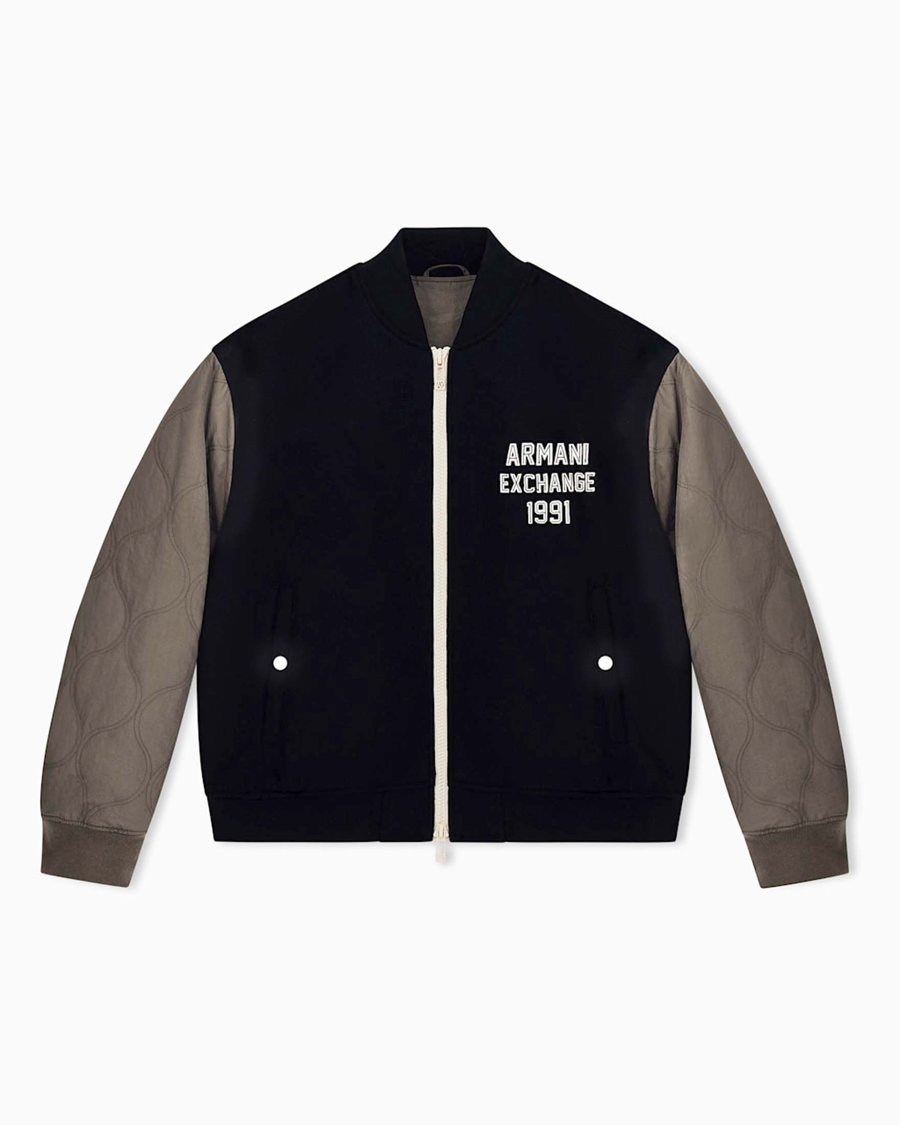 Giubbino bomber Armani Exchange blu in panno di lana con maniche in nylon color fango