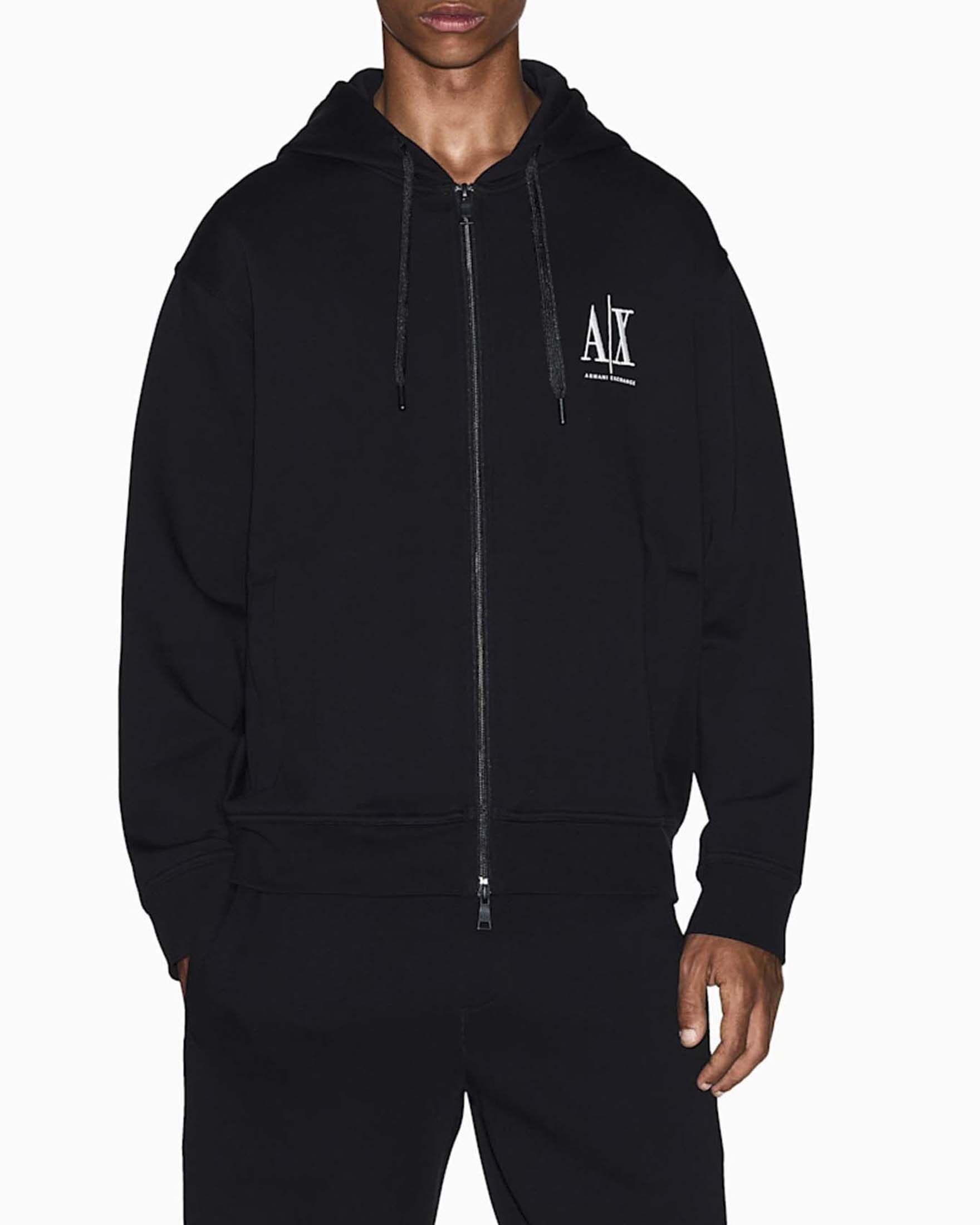 Felpa con zip e cappuccio Armani Exchange nera in misto cotone con logo