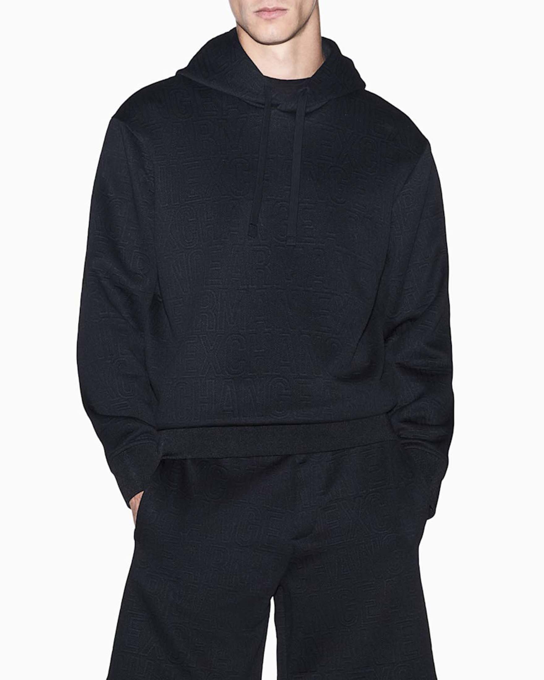 Felpa con cappuccio Armani Exchange nera con logo jacquard tono su tono all over