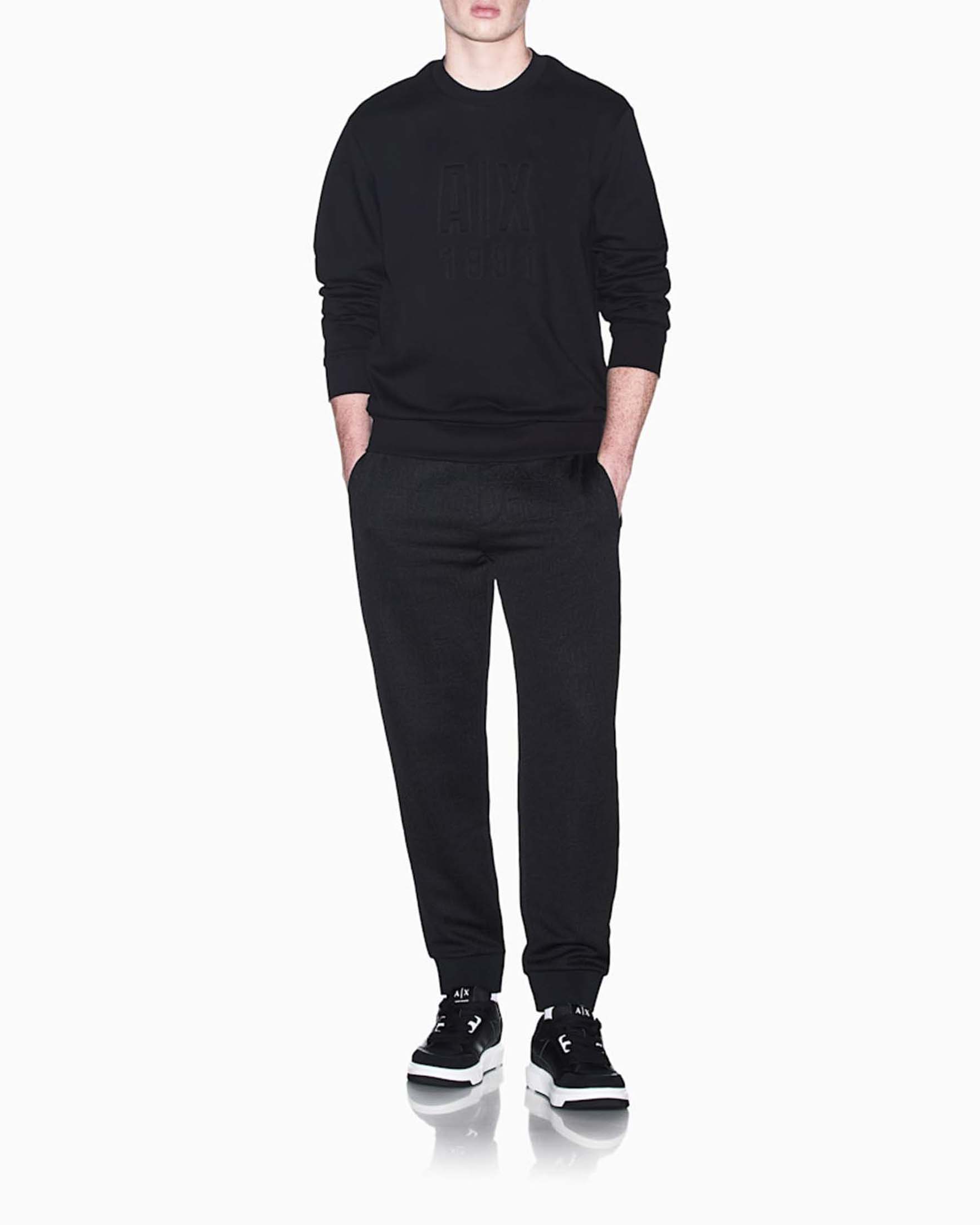 Felpa girocollo Armani Exchange nera in cotone con logo impresso