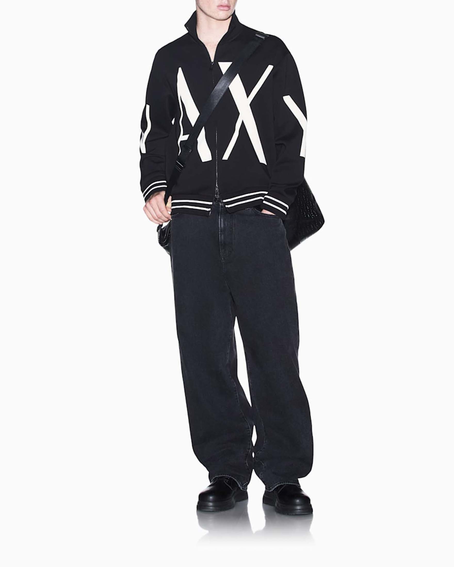 Felpa con zip Armani Exchange nera in cotone con maxi stampa logo