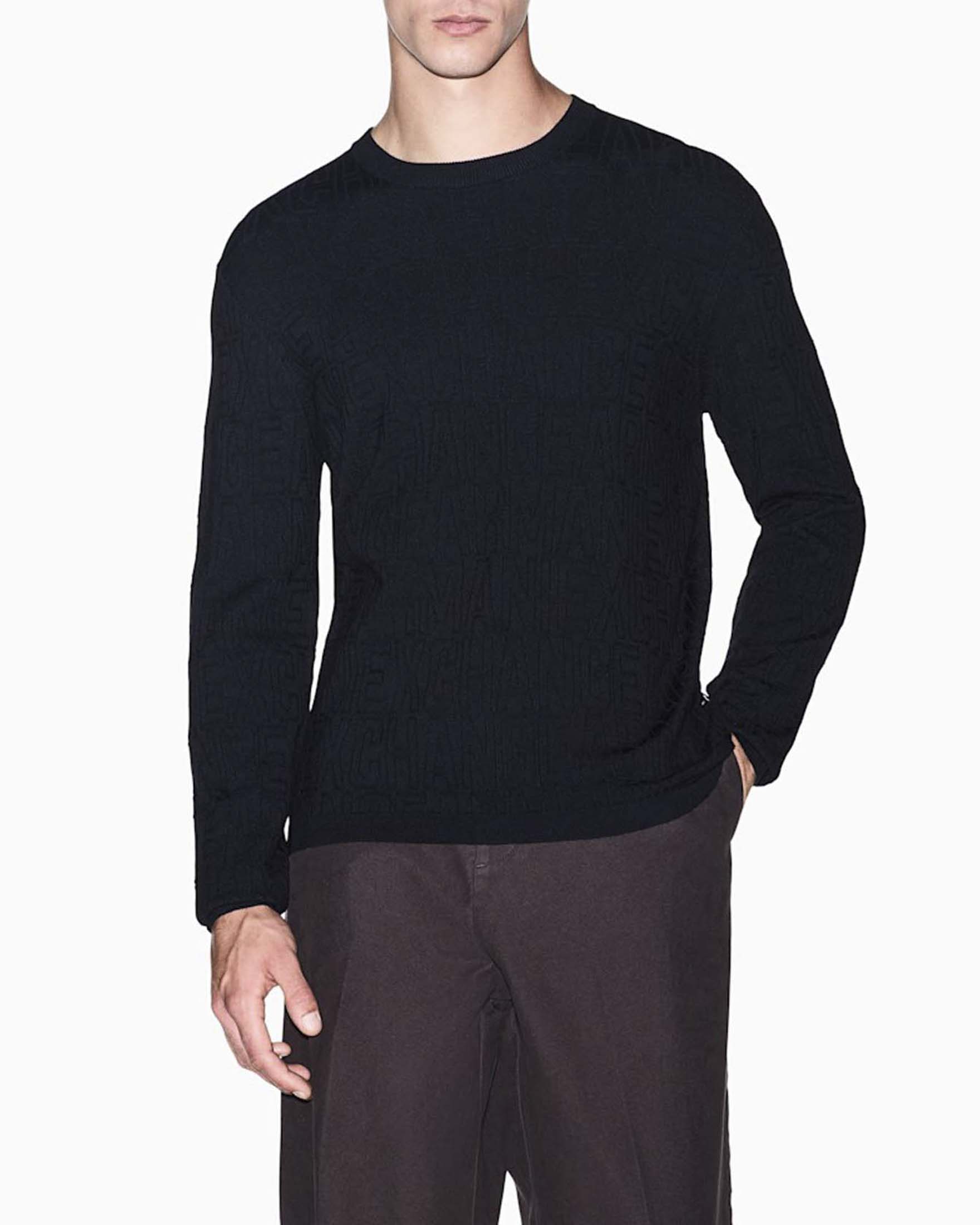 Maglia girocollo Armani Exchange blu in misto viscosa con logo jacquard