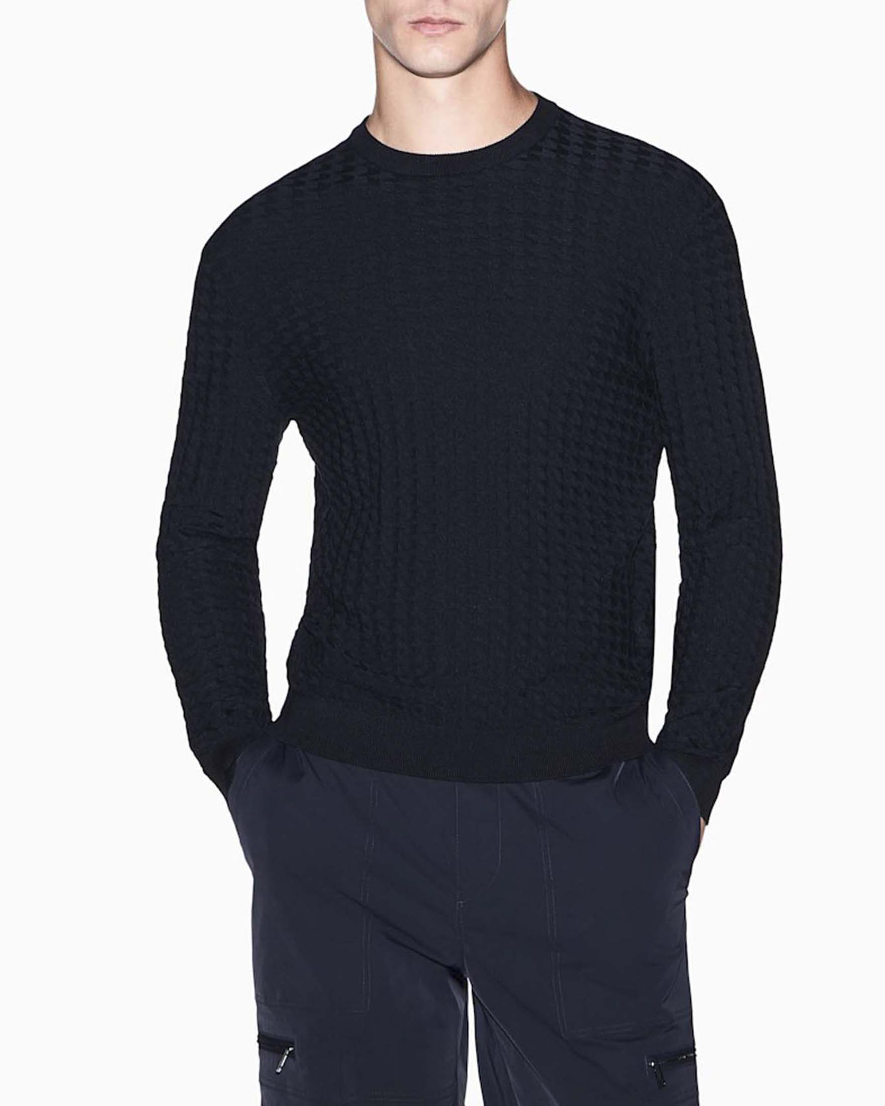 Maglione girocollo Armani Exchange blu in misto viscosa con lavorazione jacquard pied de poule