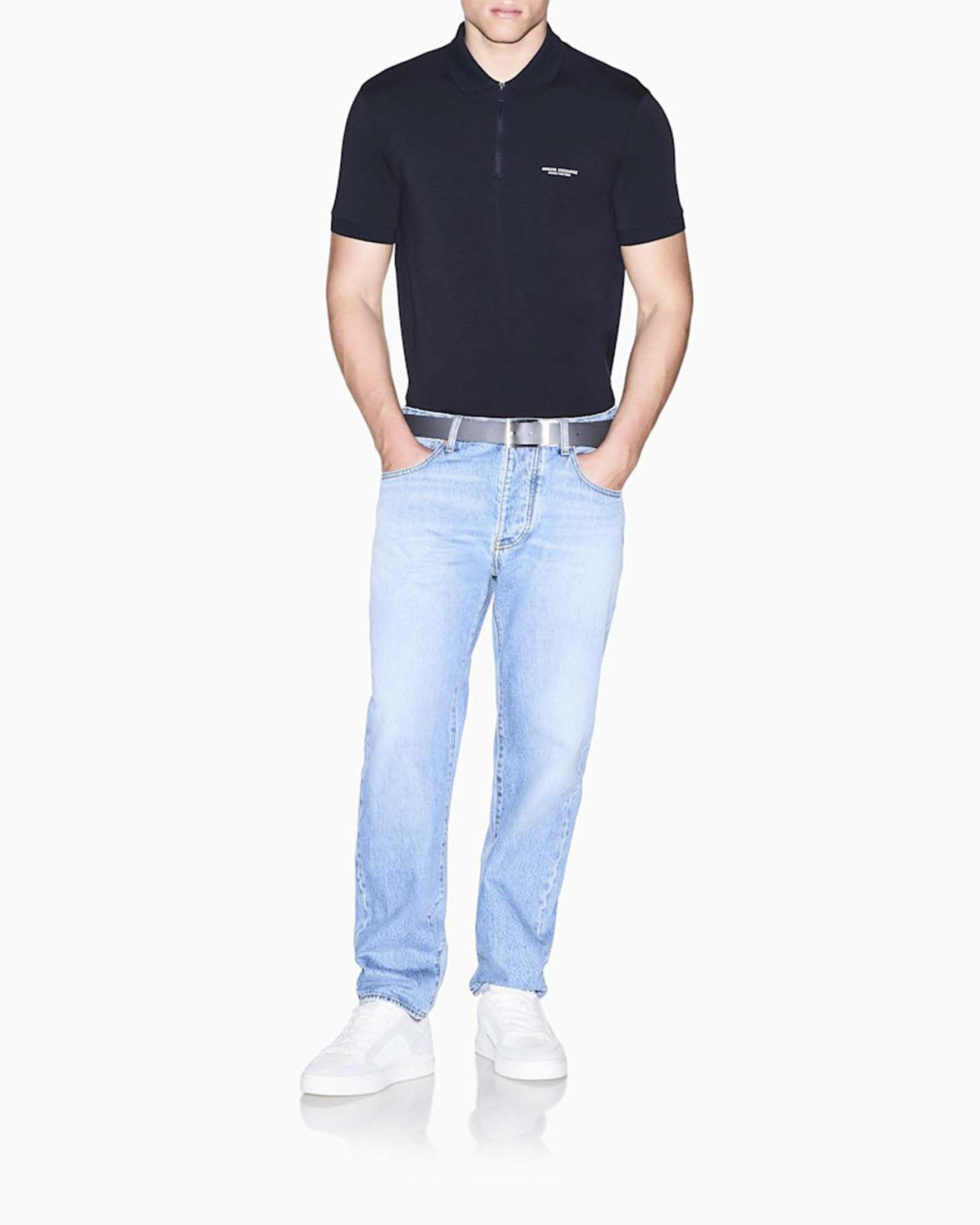 Polo mezza manica Armani Exchange blu in cotone stretch con zip e stampa logo