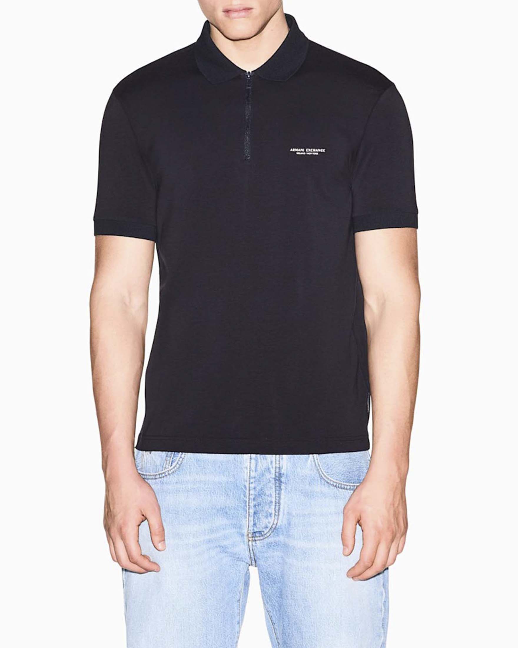 Polo mezza manica Armani Exchange blu in cotone stretch con zip e stampa logo image