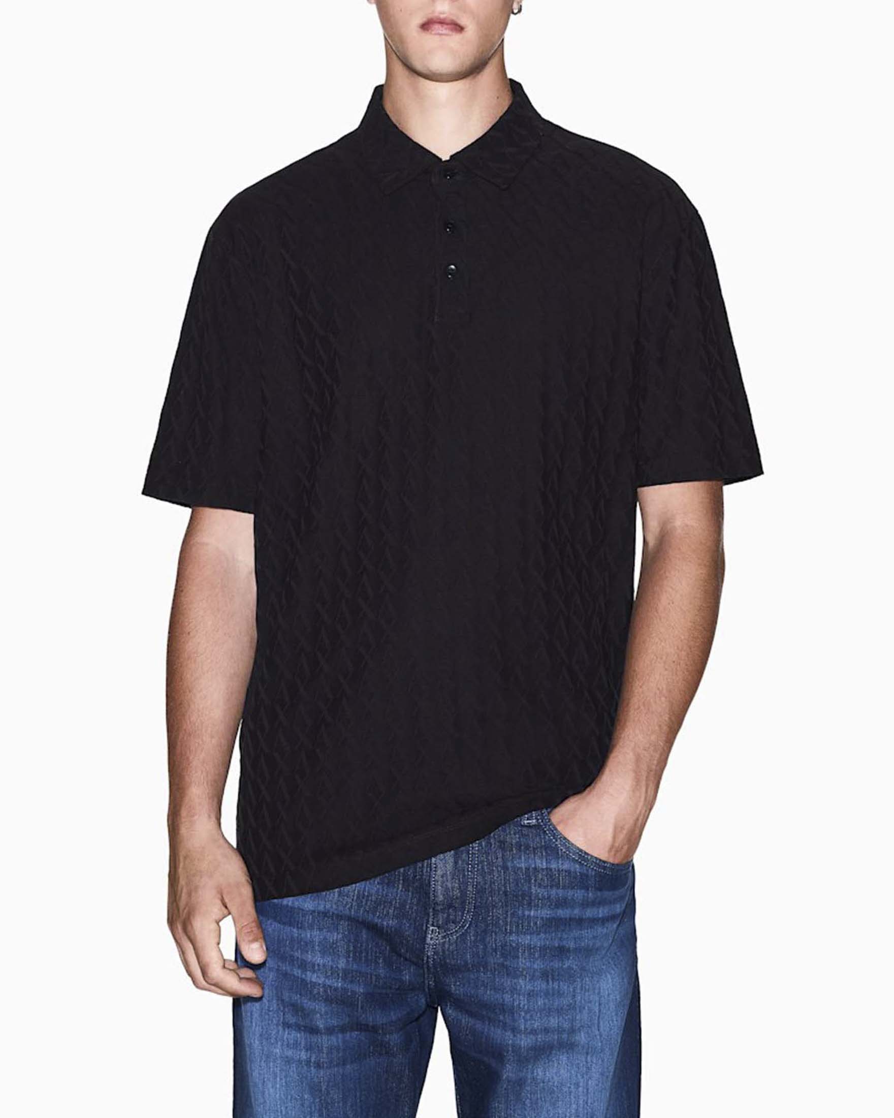 Polo Armani Exchange nera in cotone con lavorazione jacquard