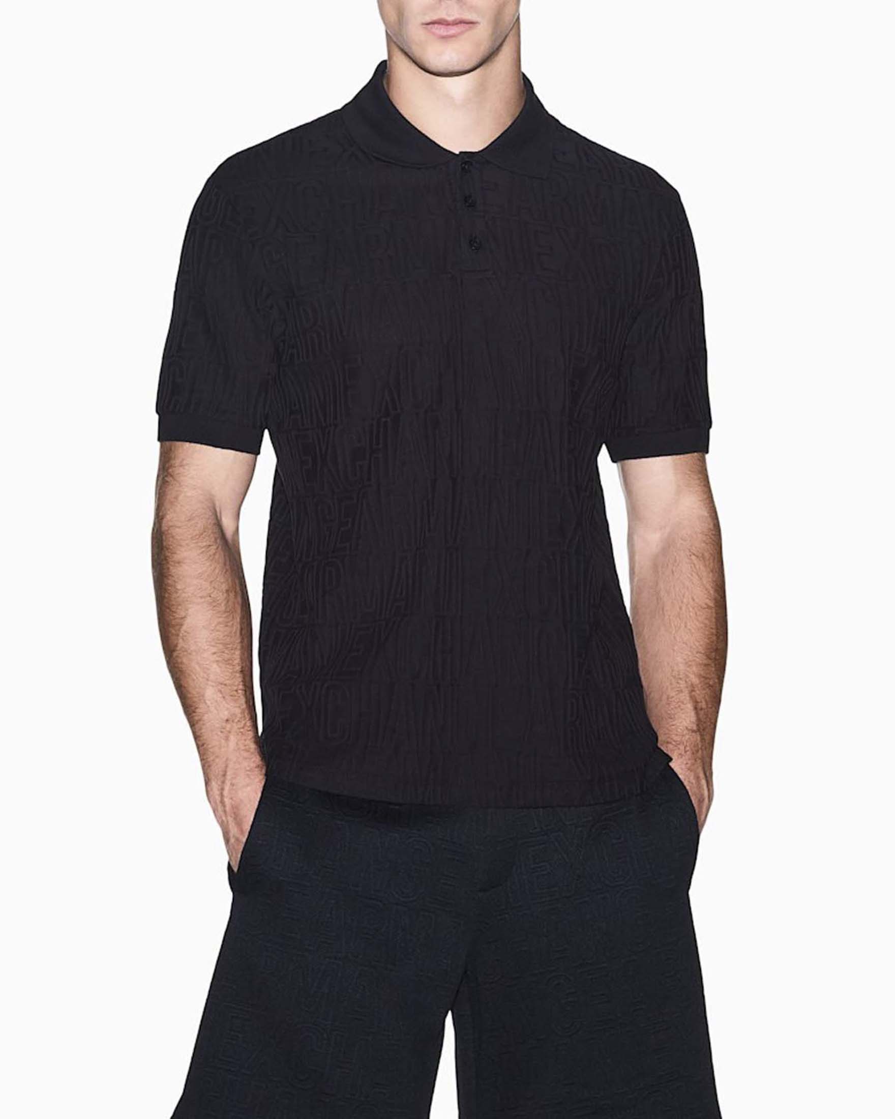 Polo Armani Exchange nera in cotone con motivo logo in rilievo