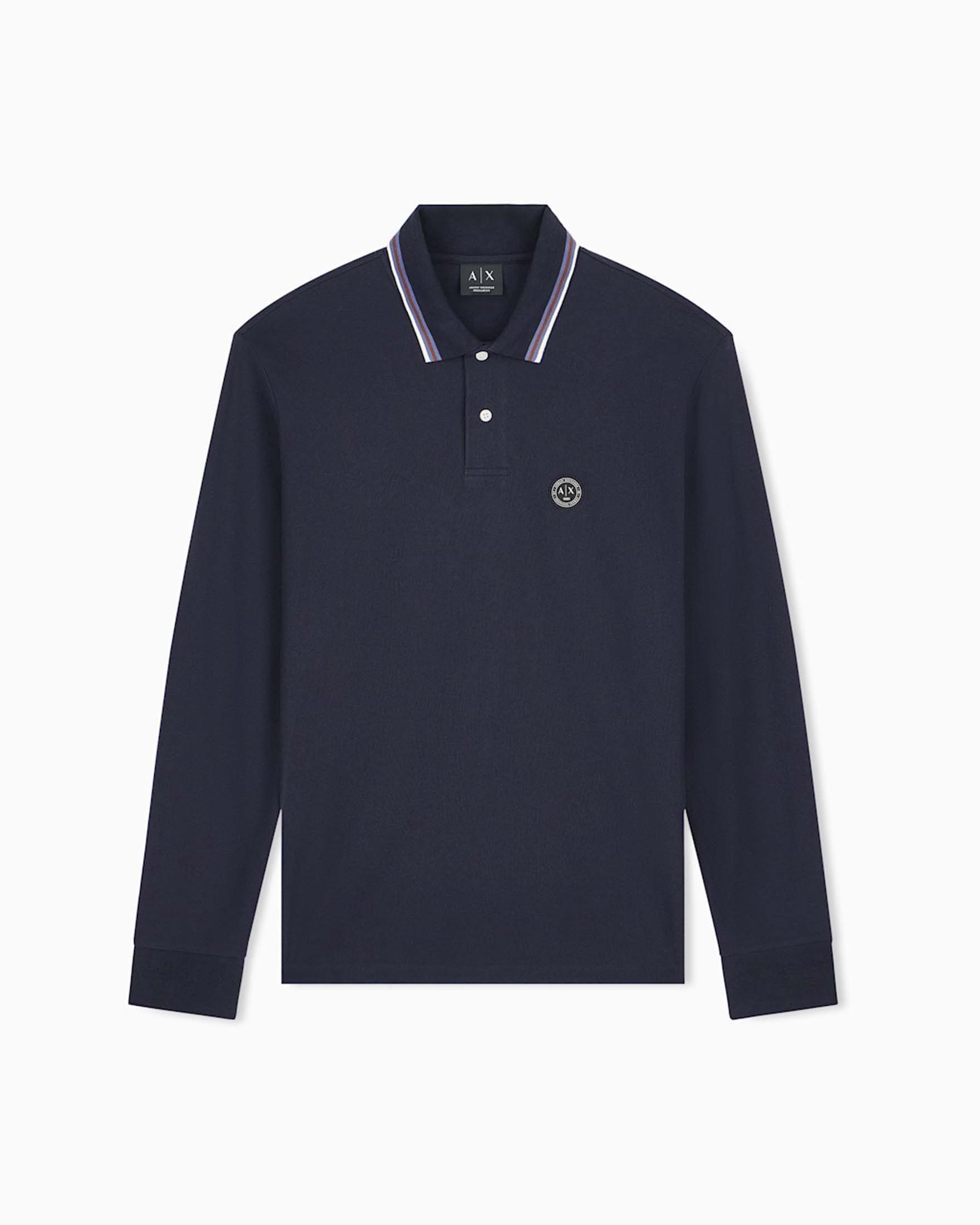 Polo manica lunga Armani Exchange blu in cotone piqué con bordino