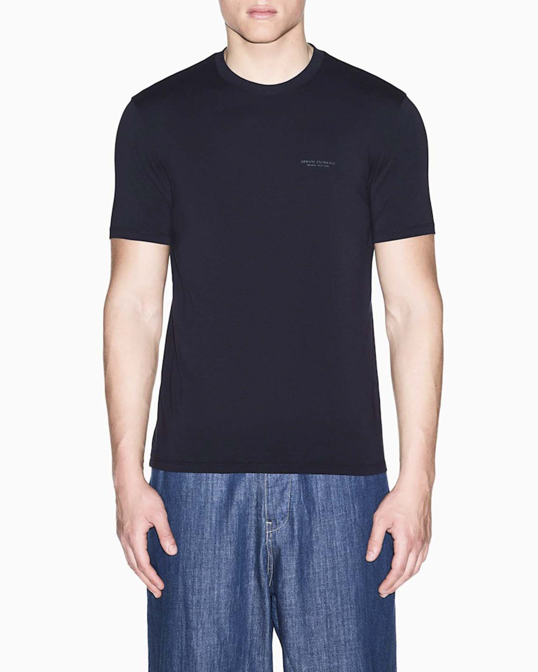 T-shirt mezza manica Armani Exchange blu in cotone elasticizzato con logo piccolo