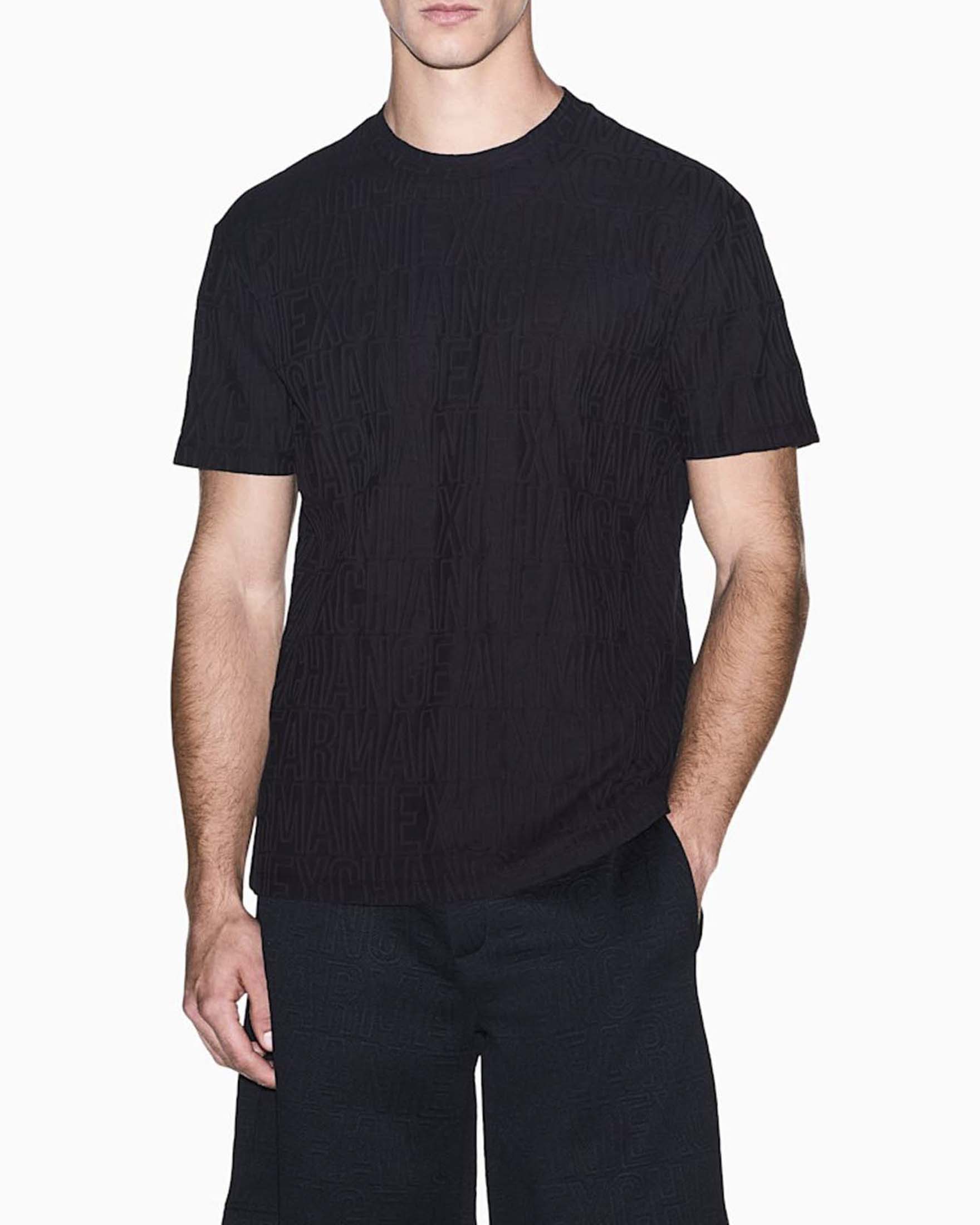 T-shirt Armani Exchange nera in cotone con logo jacquard in rilievo