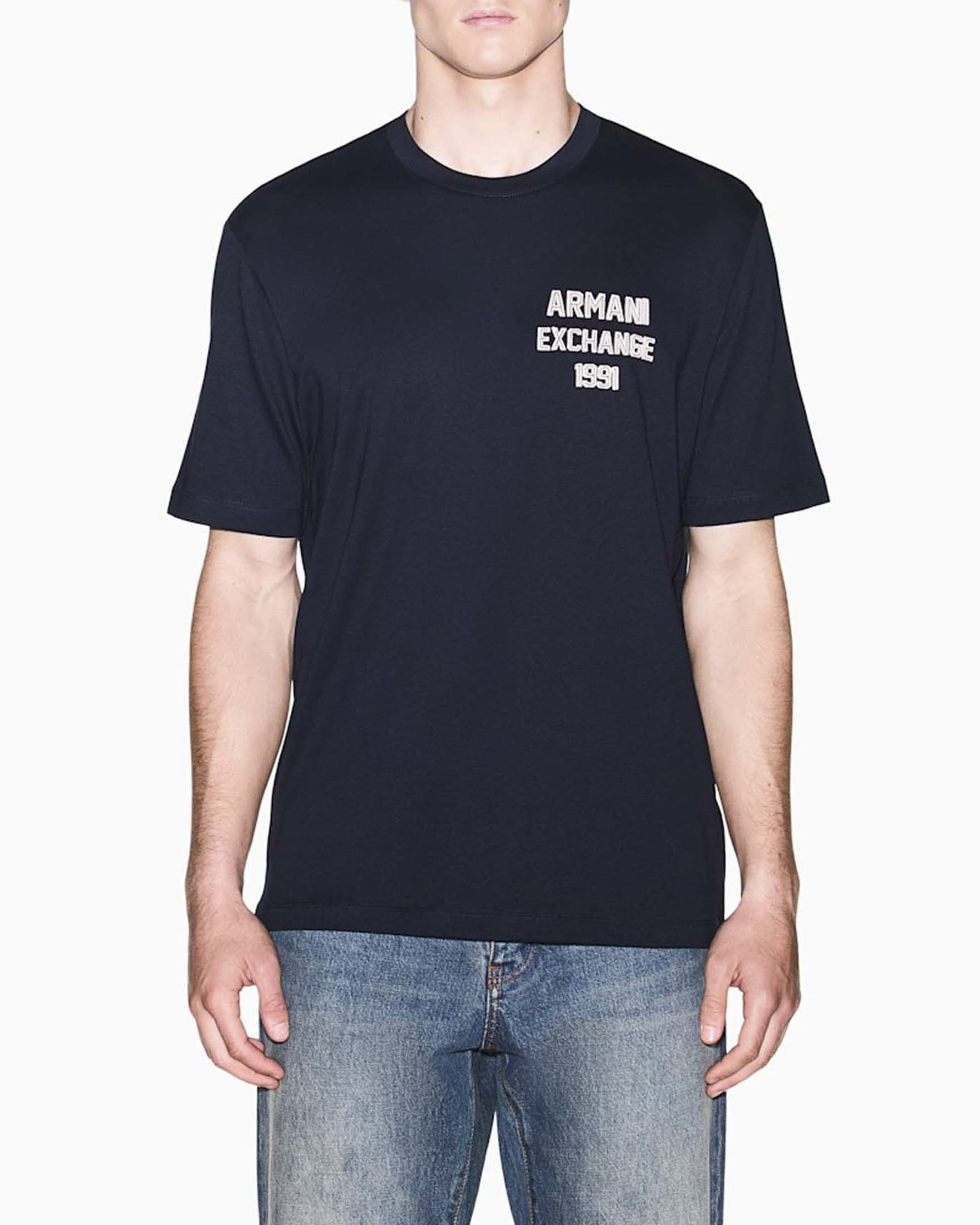 T-shirt mezza manica Armani Exchange blu in cotone con logo ricamato
