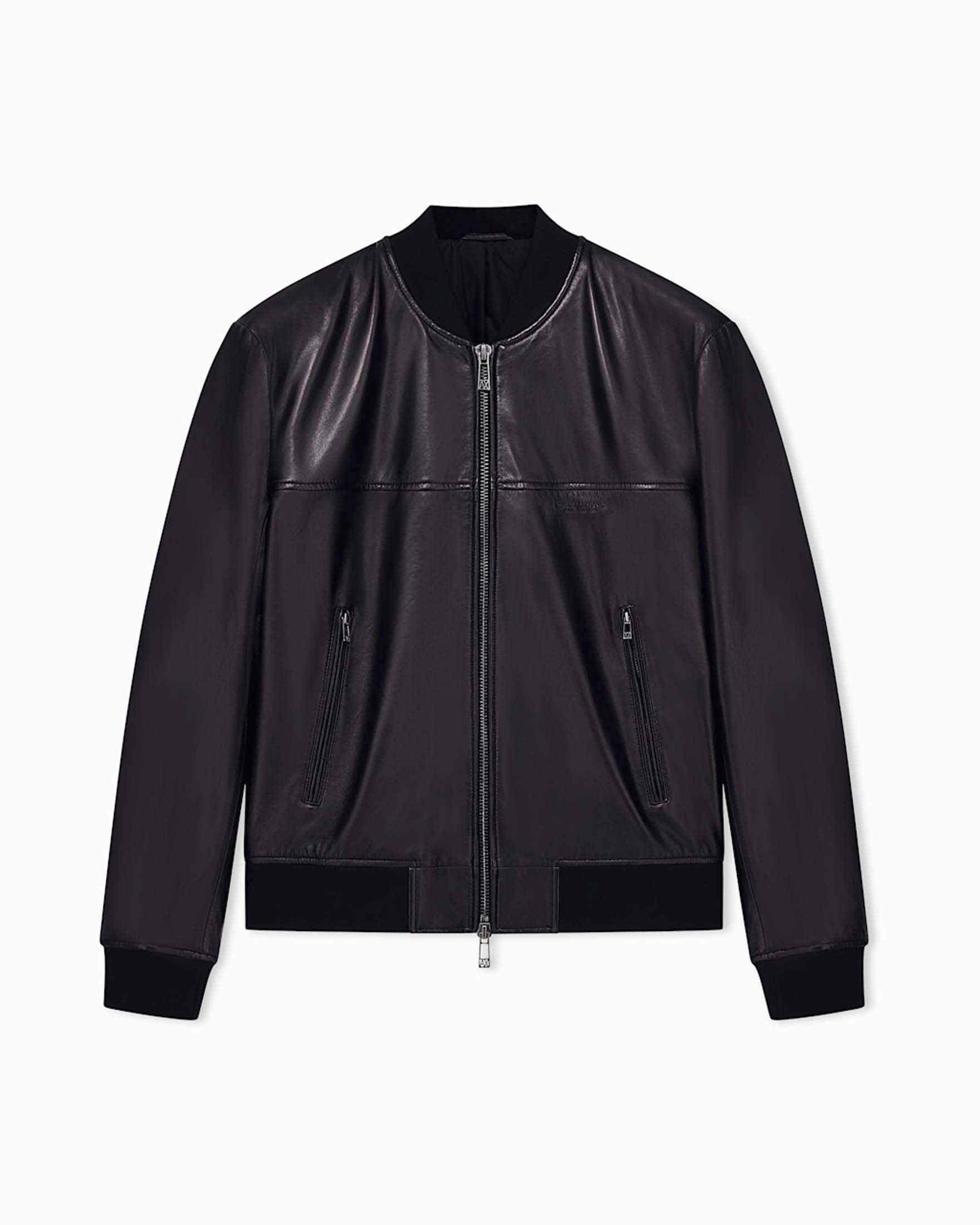 Bomber Armani Exchange nero in pelle con logo impresso