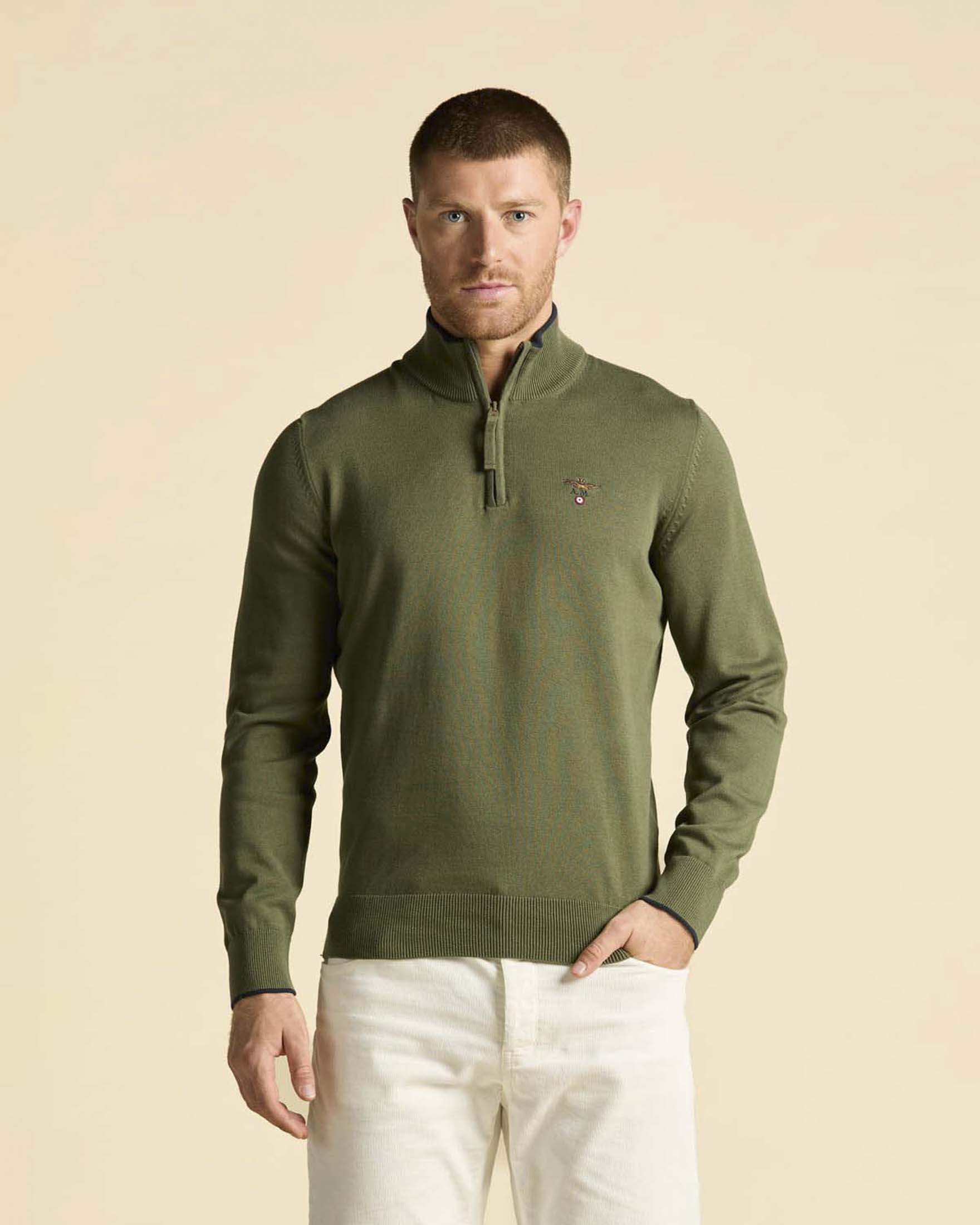Maglia Aeronautica Militare verde militare in puro cotone con chiusura a mezza zip