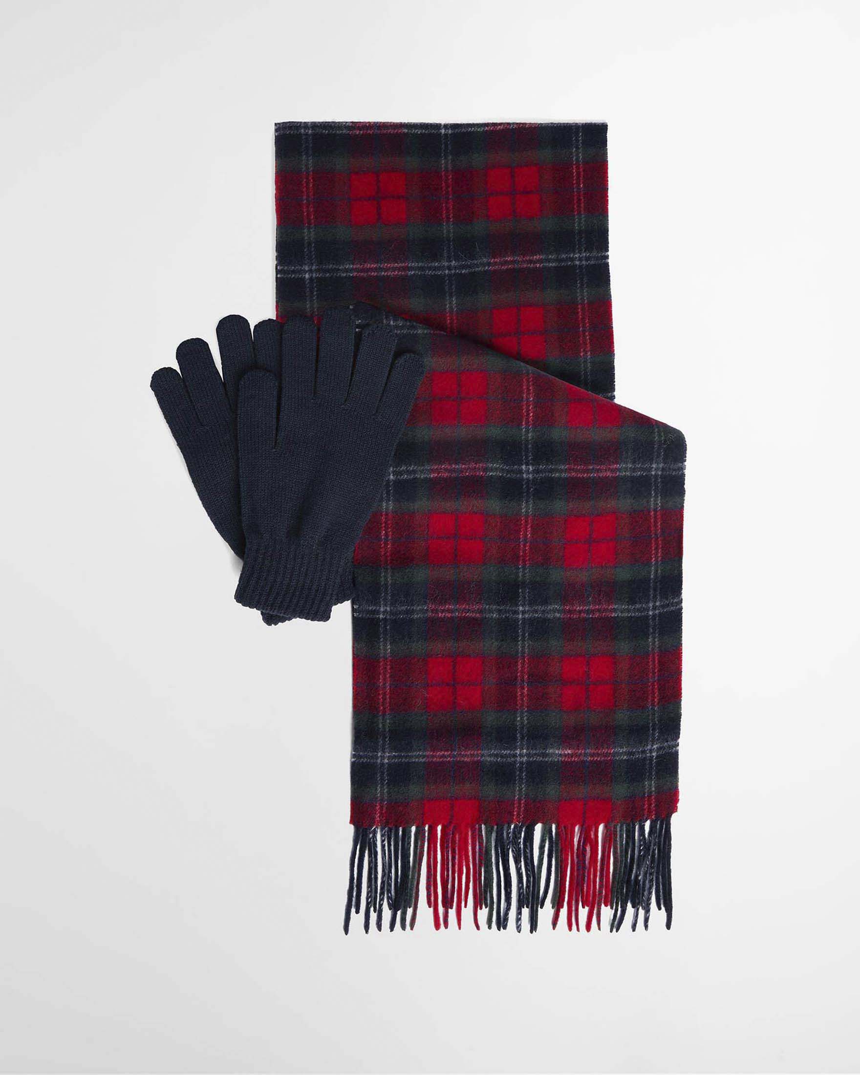 Cofanetto Barbour idea regalo composto da sciarpa tartan check blu e rossa e guanto blu