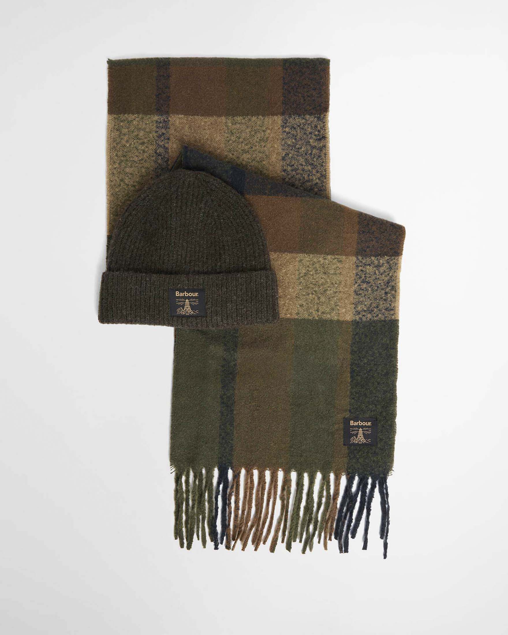Set idea regalo Barbour Westerdale composta da berretto marrone e sciarpa a quadri militare e marroni