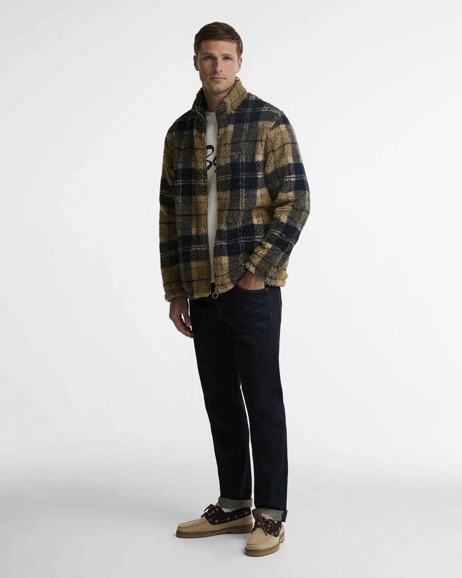 Giubbino Barbour Tartan Fleece in pile sherpa cammello e blu