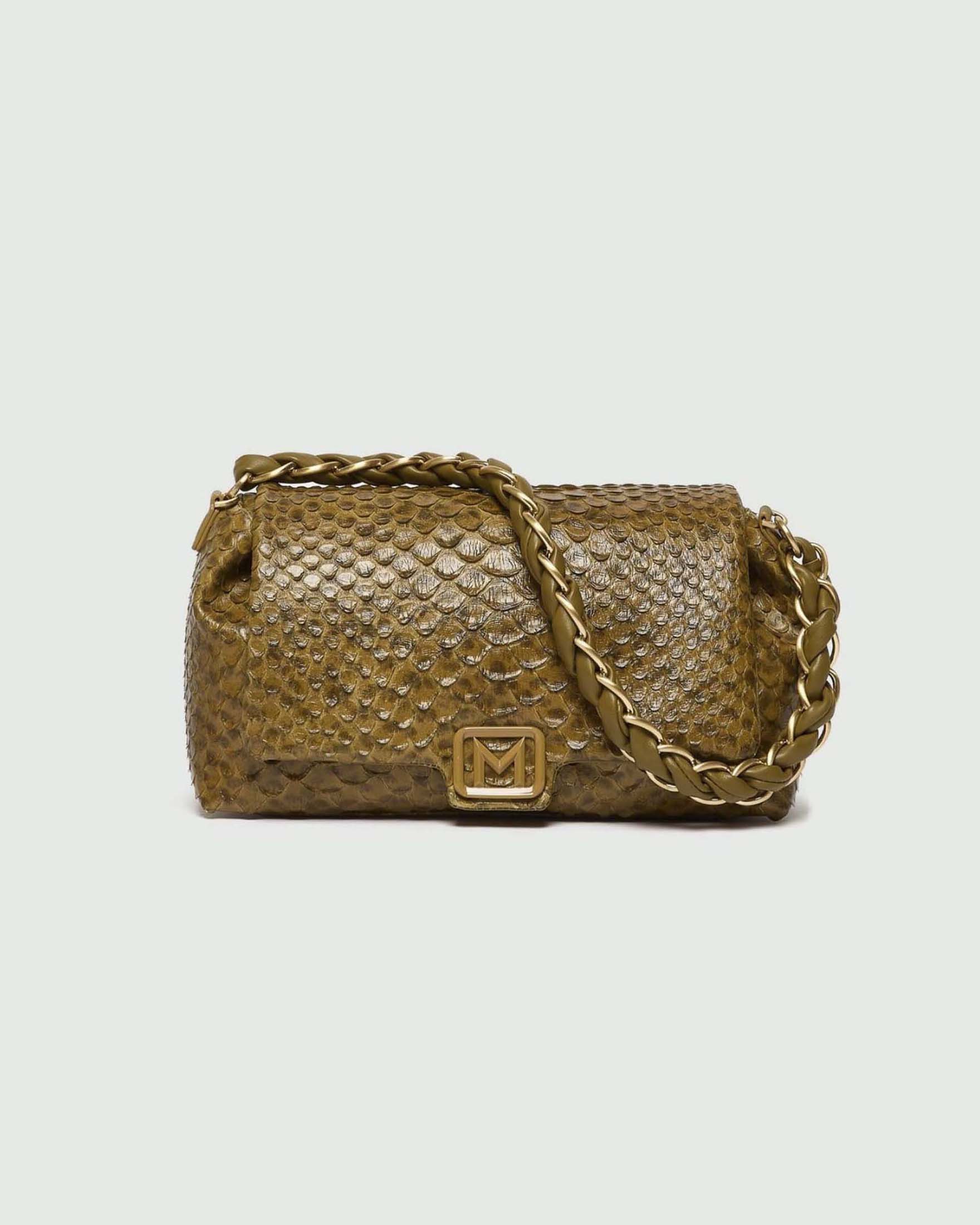Borsa Le Muse Big Marella color olio in similpelle con manico intrecciato e chiusura patta logo magnetica