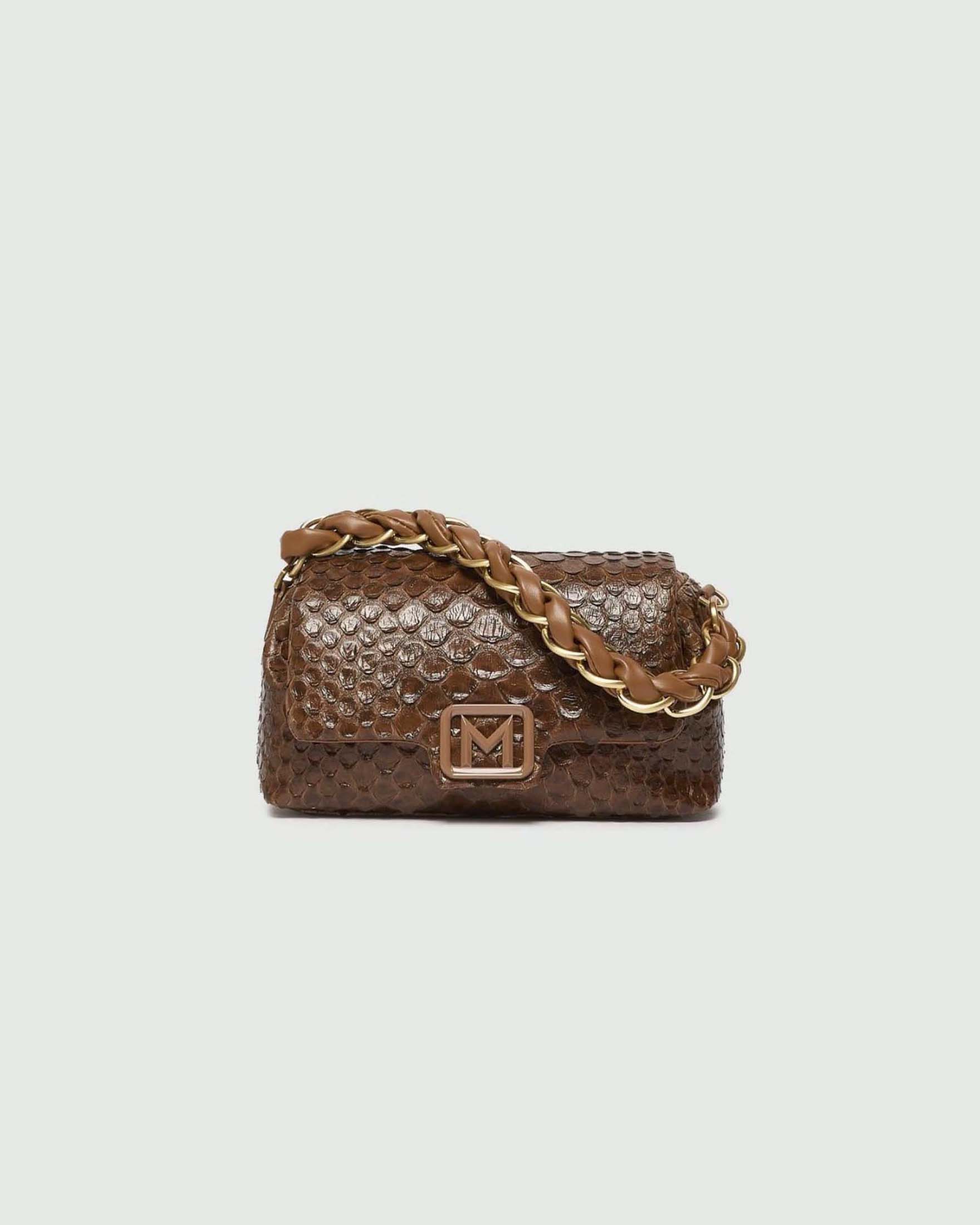 Borsa Le Muse New Small Marella color cuoio in similpelle effetto pitonato e manico intrecciato