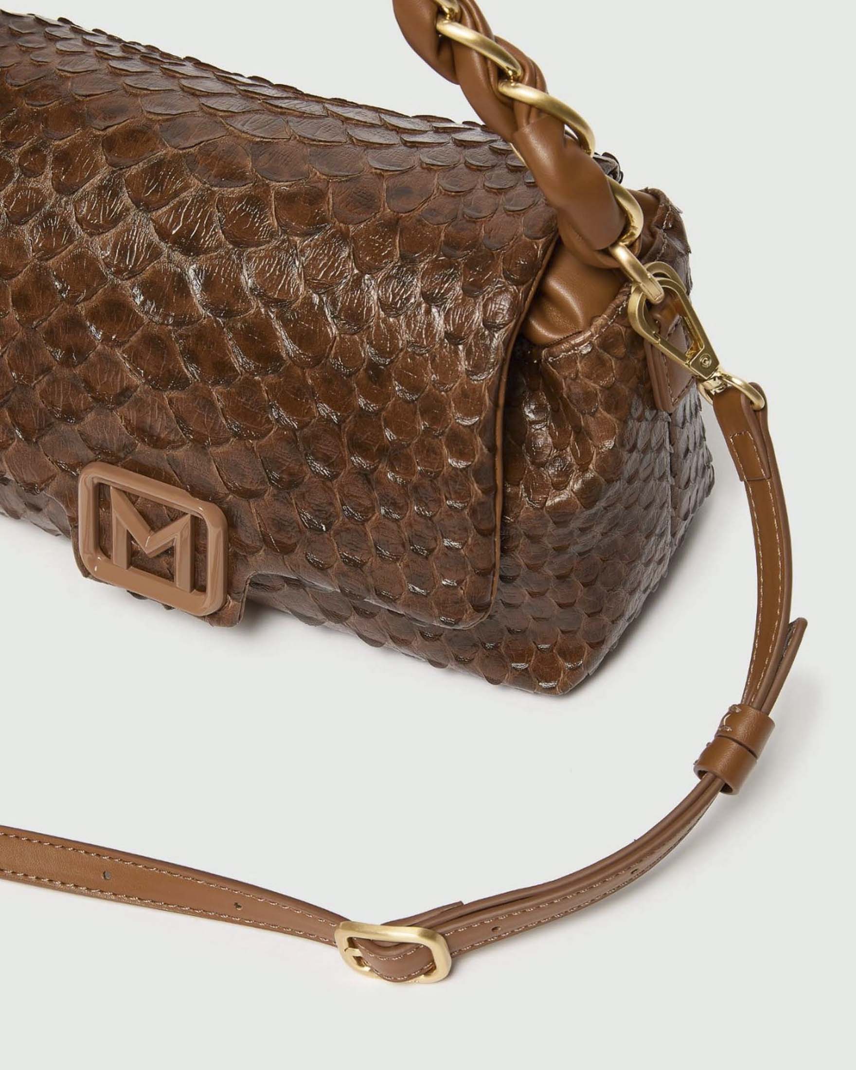 Borsa Le Muse New Small Marella color cuoio in similpelle effetto pitonato e manico intrecciato image