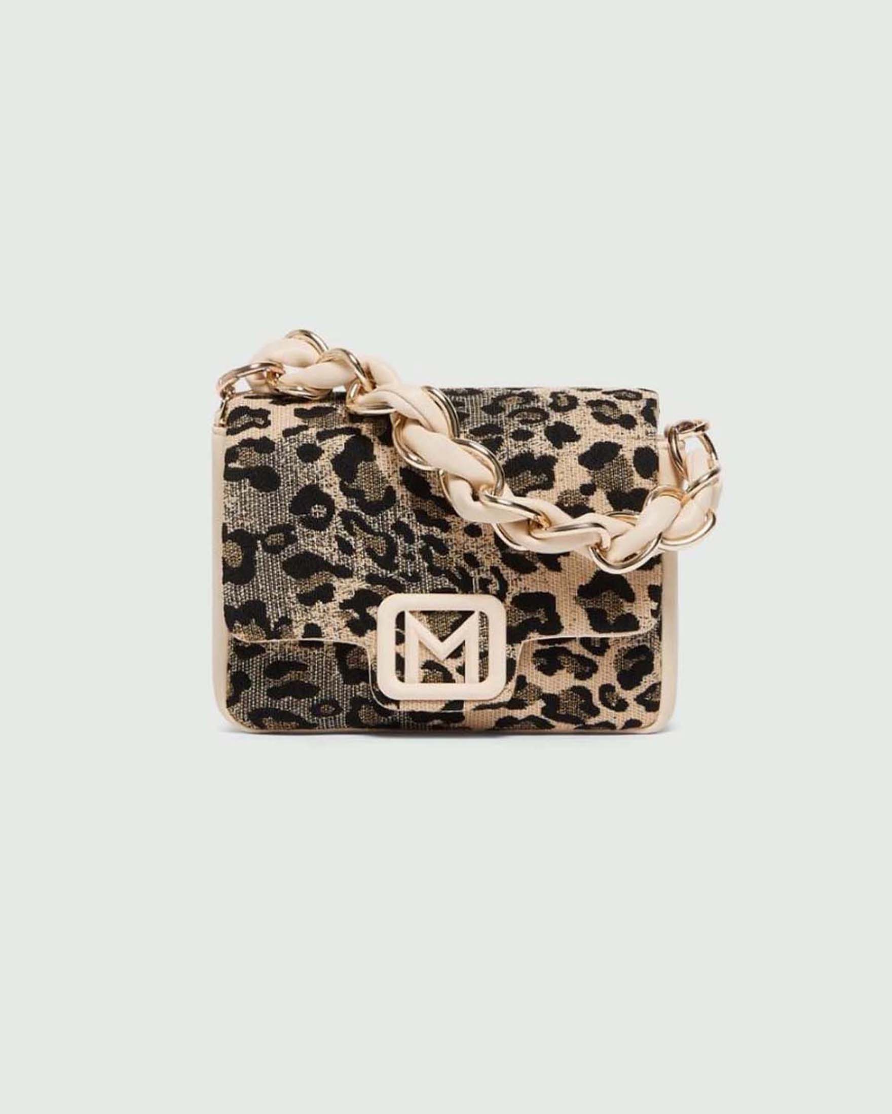 Borsa Le Muse Mini Marella in jacquard macula leopardata con manico a catena e tracolla removibile