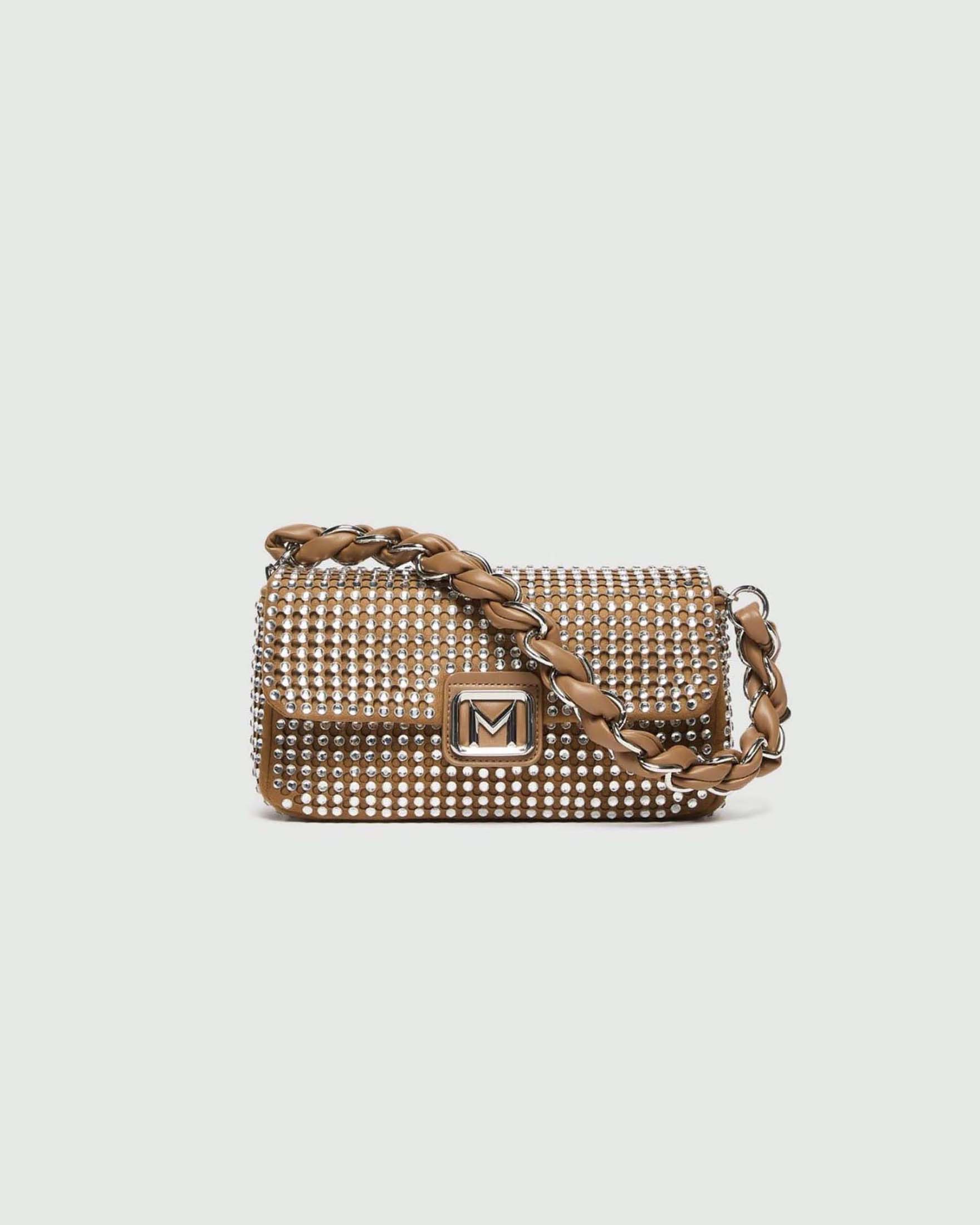 Borsa Le Muse Medium Marella color cuoio in suede con strass all over e chiusura con patta magnetica