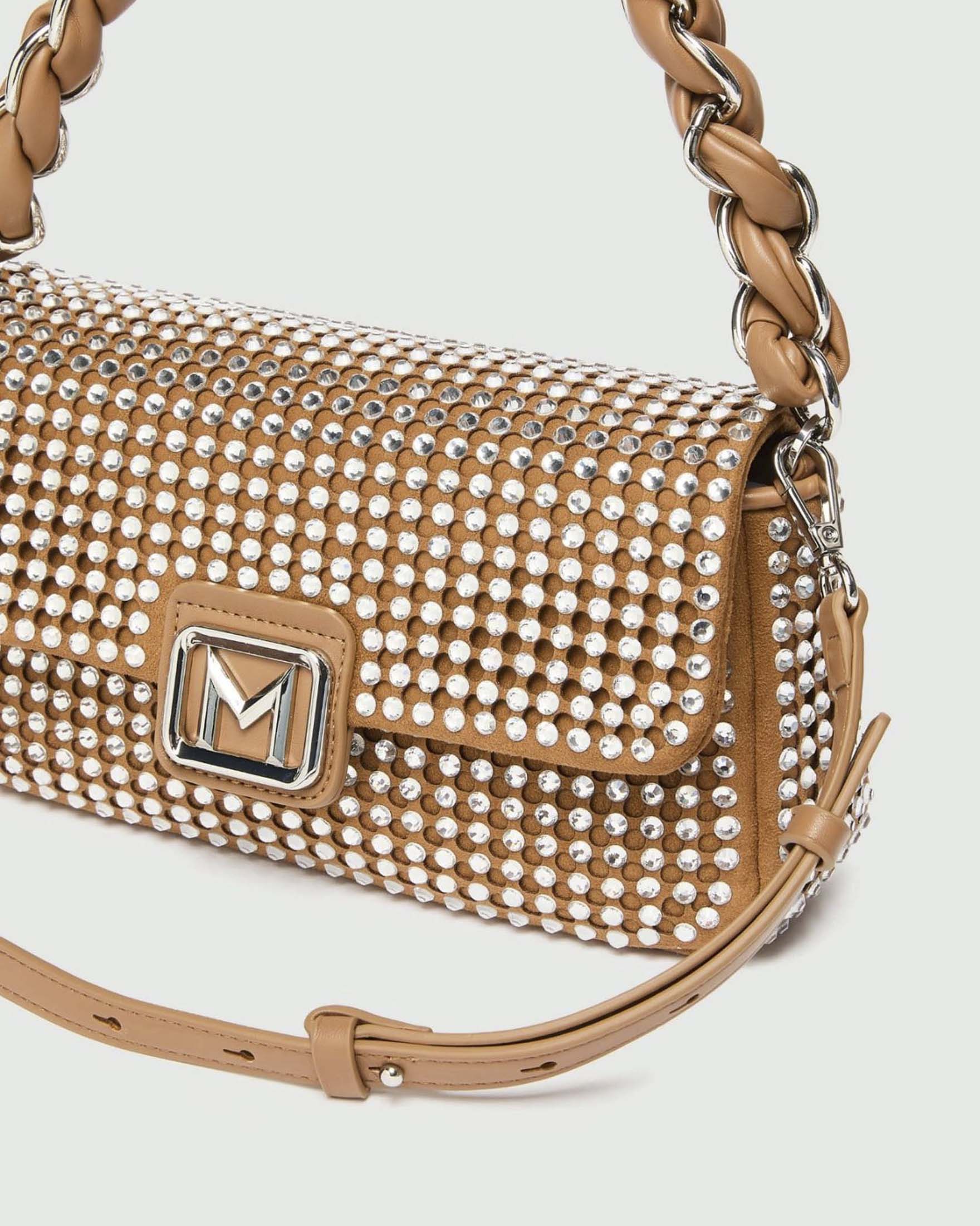 Borsa Le Muse Medium Marella color cuoio in suede con strass all over e chiusura con patta magnetica image