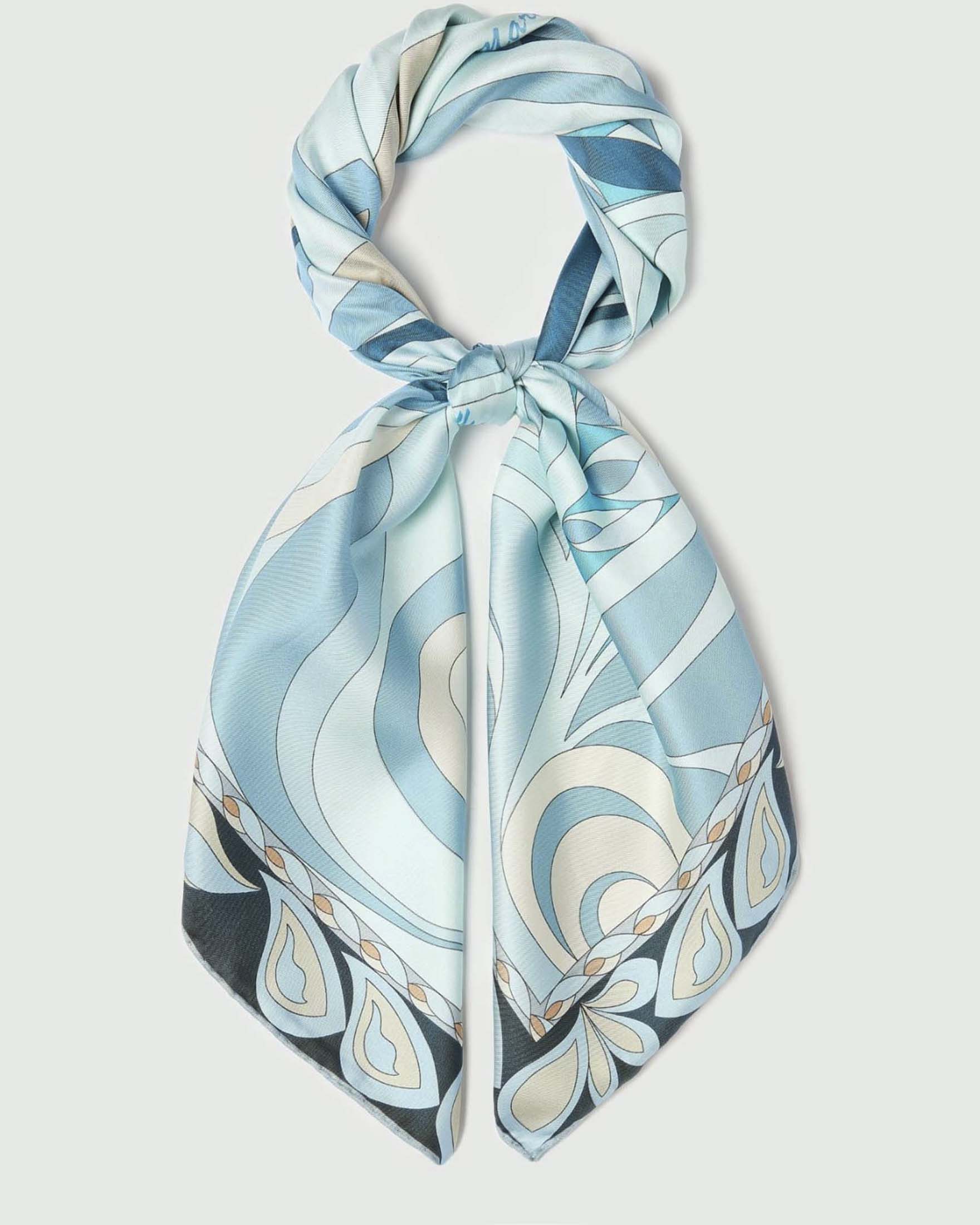Foulard Marella azzurro in raso di pura seta reversibile con stampa grafica khaki