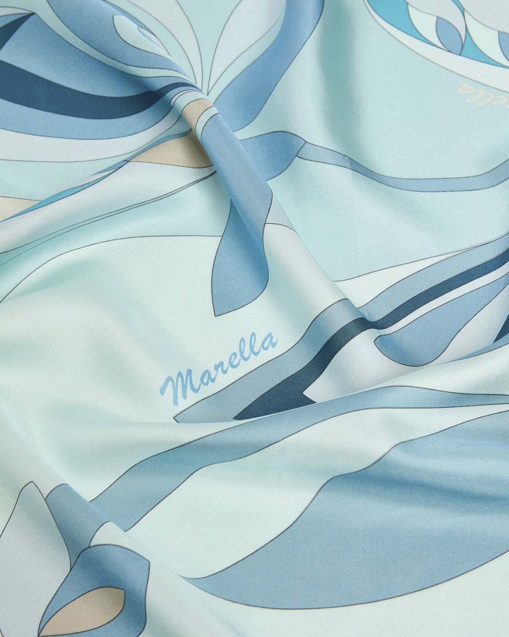 Foulard Marella azzurro in raso di pura seta reversibile con stampa grafica khaki image