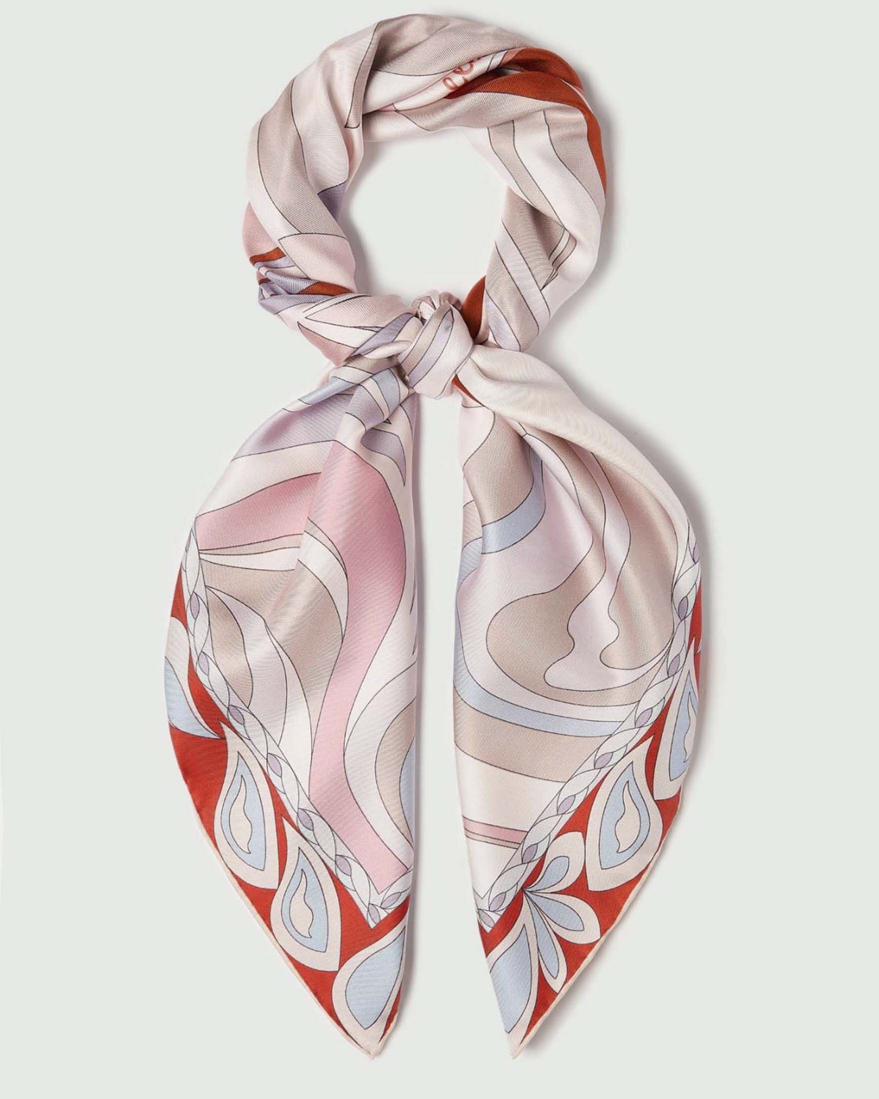 Foulard Marella rosa in raso di pura seta reversibile con stampa grafica color coccio